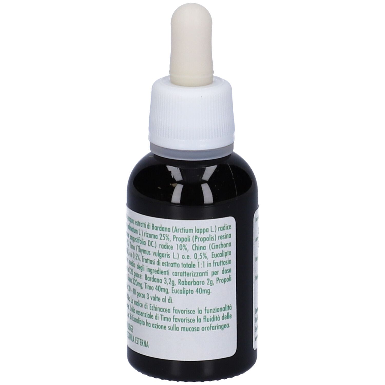 Flacone di vetro marrone con contagocce bianco. Contiene liquido scuro. Etichetta con testo, tra cui Andres Piu e ingredienti.