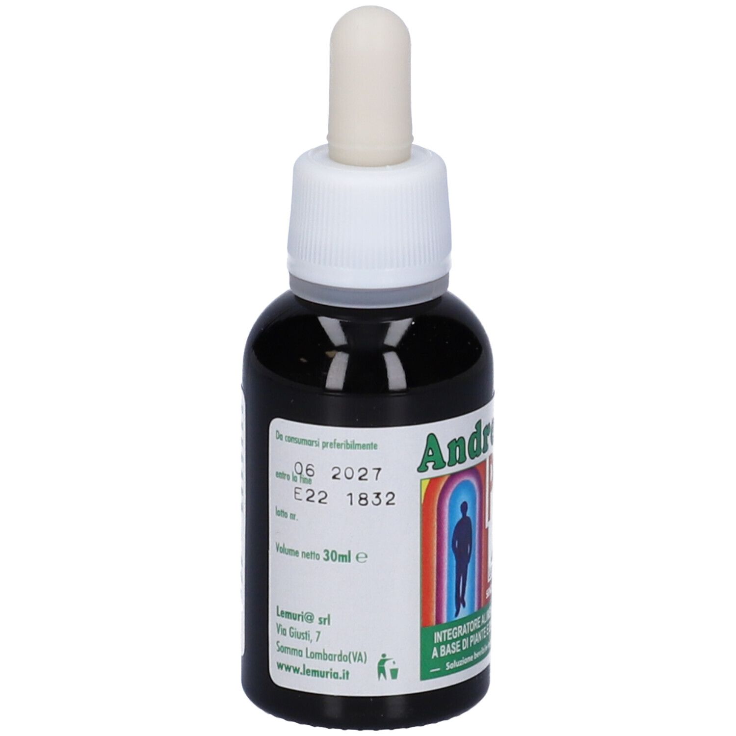 Flacone di vetro marrone con contagocce bianco. Contiene liquido scuro. Etichetta con testo, tra cui Andres Piu e ingredienti.