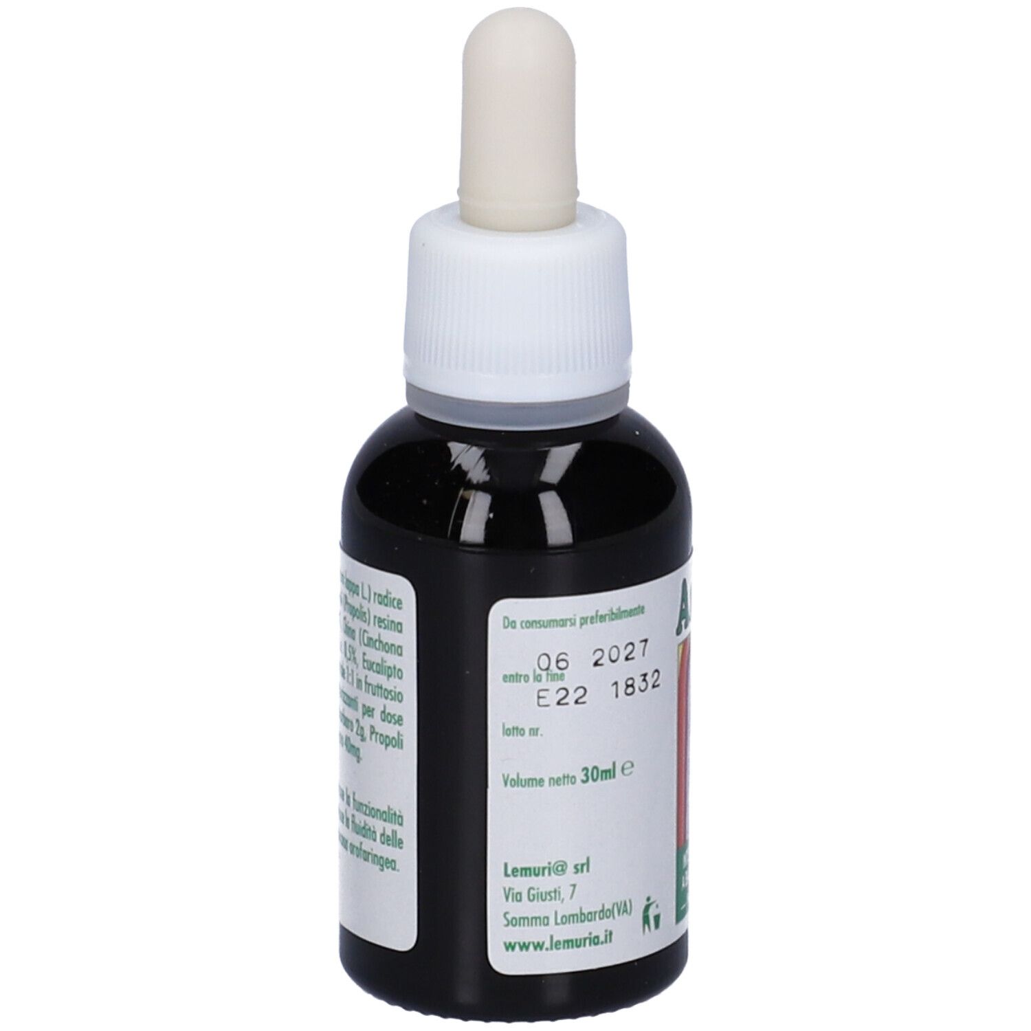 Flacone di vetro marrone con contagocce bianco. Contiene liquido scuro. Etichetta con testo, tra cui Andres Piu e ingredienti.