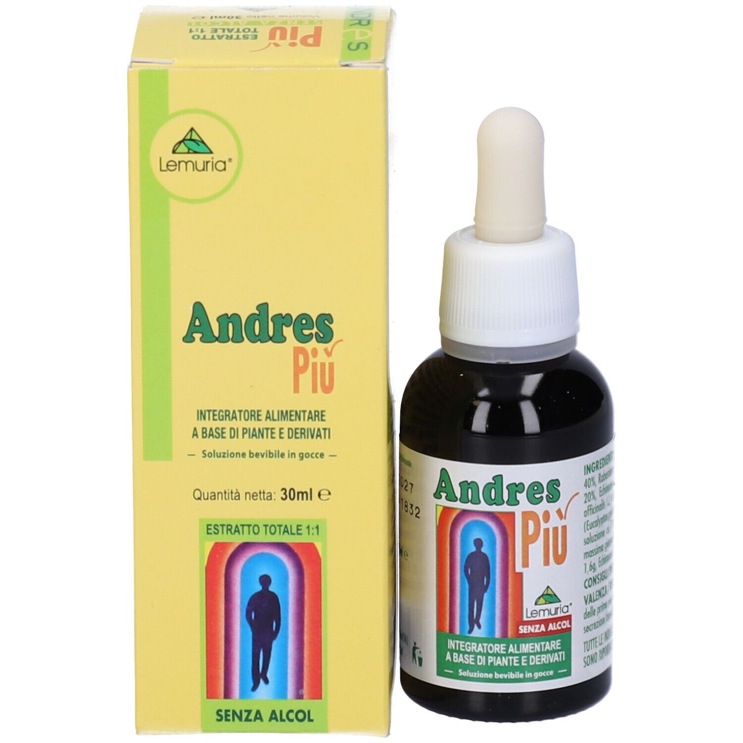 Flacone di vetro marrone con contagocce bianco e scatola gialla. Contiene Andres Piu. Sulla scatola nome prodotto e testo.