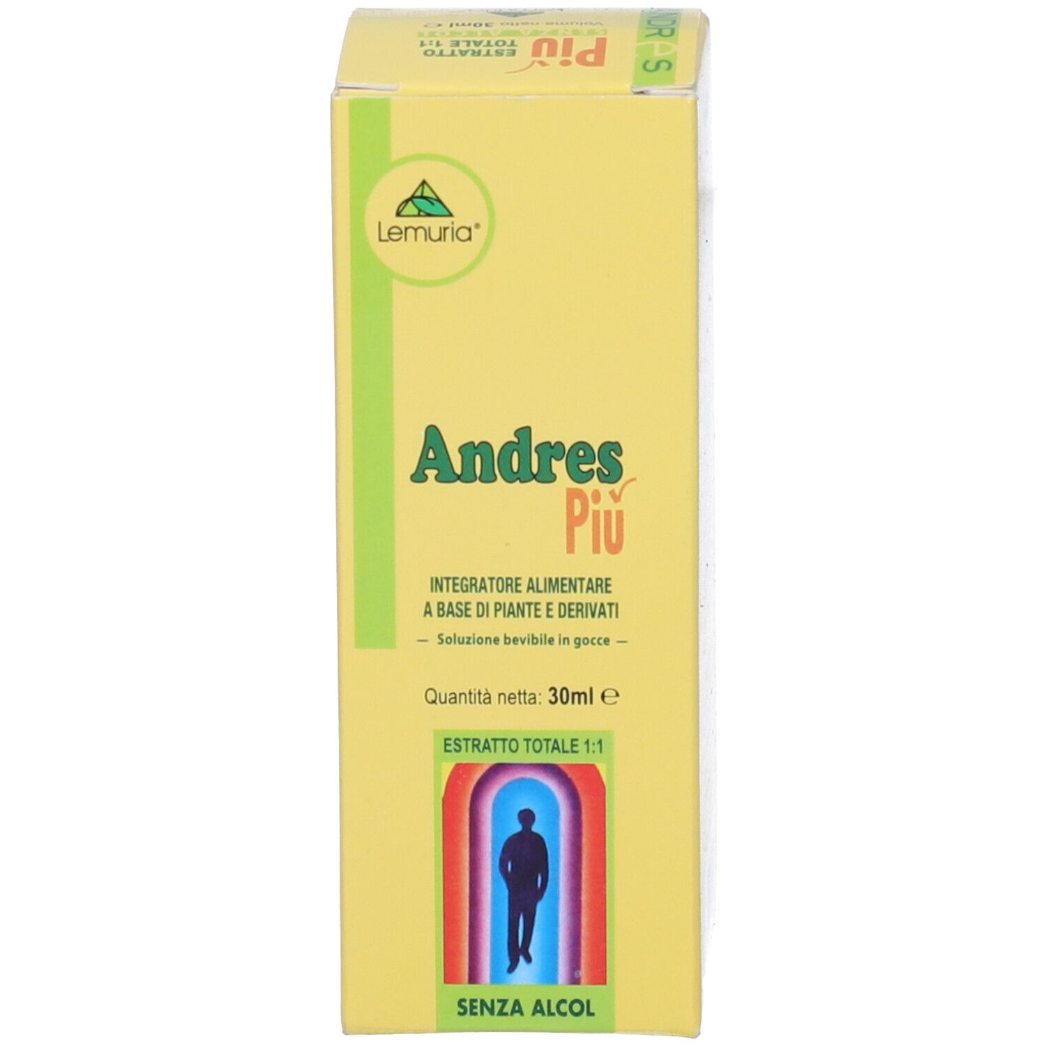 Scatola gialla con testo e logo. Contiene Andres Piu, integratore alimentare a base di piante. Con logo e testo.