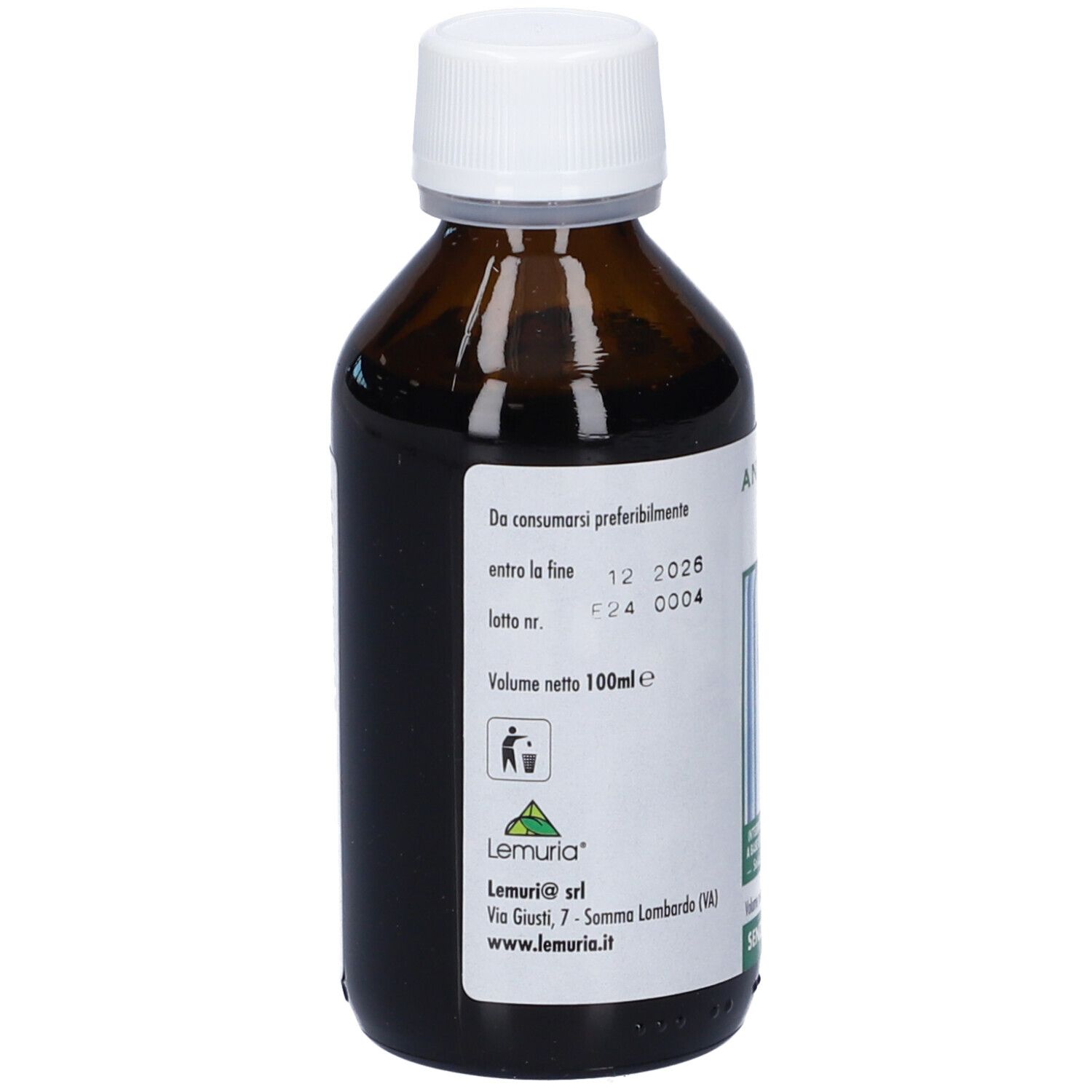 Flacone di vetro marrone con tappo bianco. Etichetta con data di scadenza, numero di lotto e logo. Volume 100ml. Senza alcool.