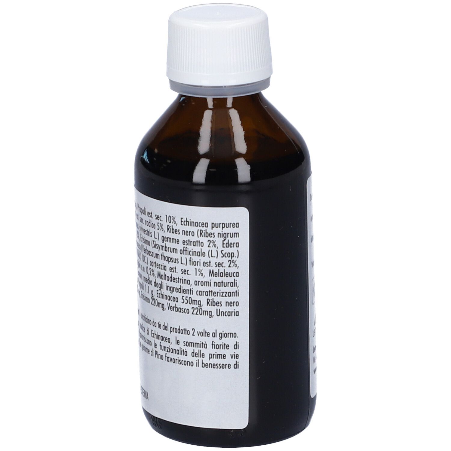 Flacone di vetro marrone con tappo bianco. Etichetta con ingredienti e raccomandazioni di dosaggio. Volume 100ml. Senza alcool.
