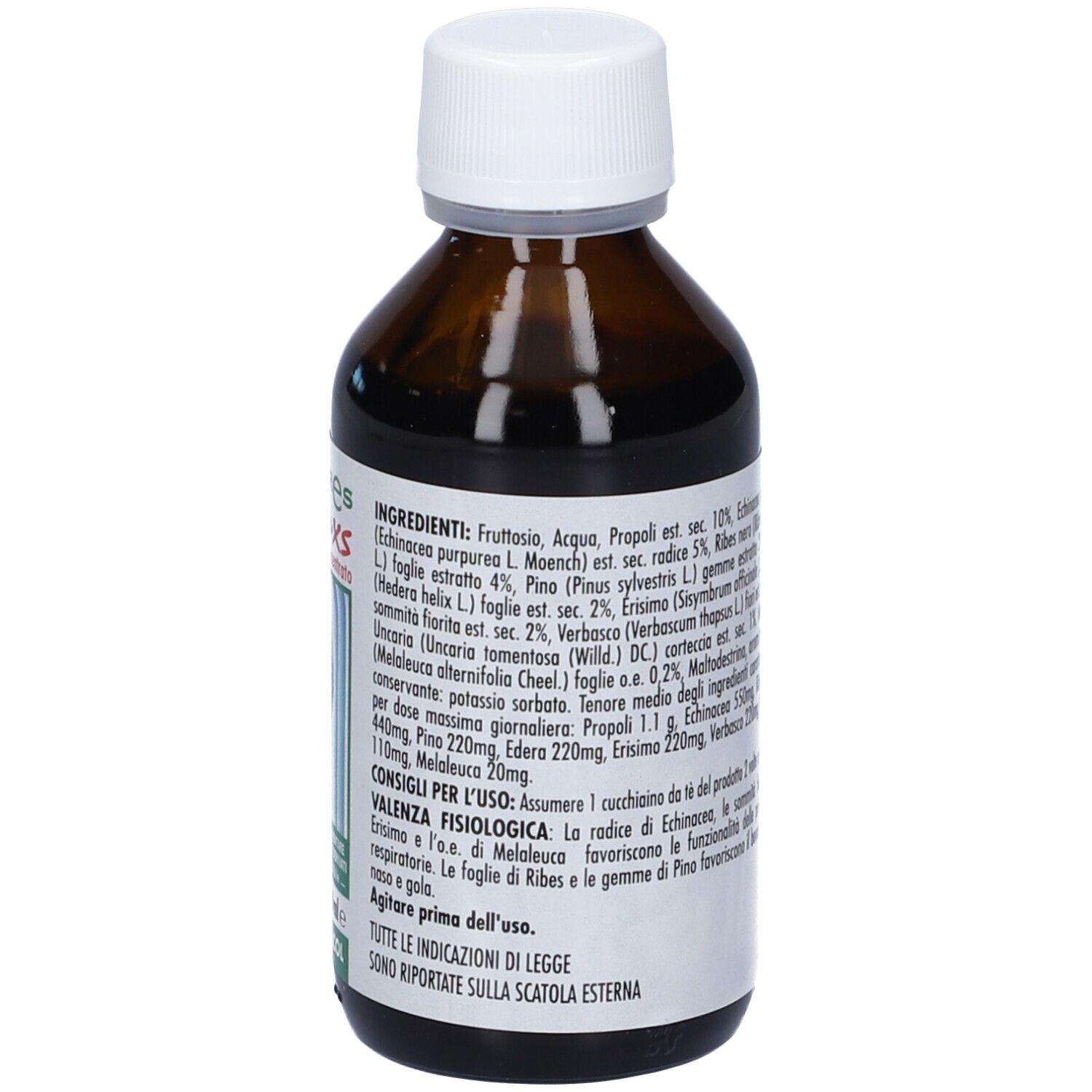 Flacone di vetro marrone con tappo bianco. Etichetta con ingredienti e raccomandazioni di dosaggio. Volume 100ml. Senza alcool.