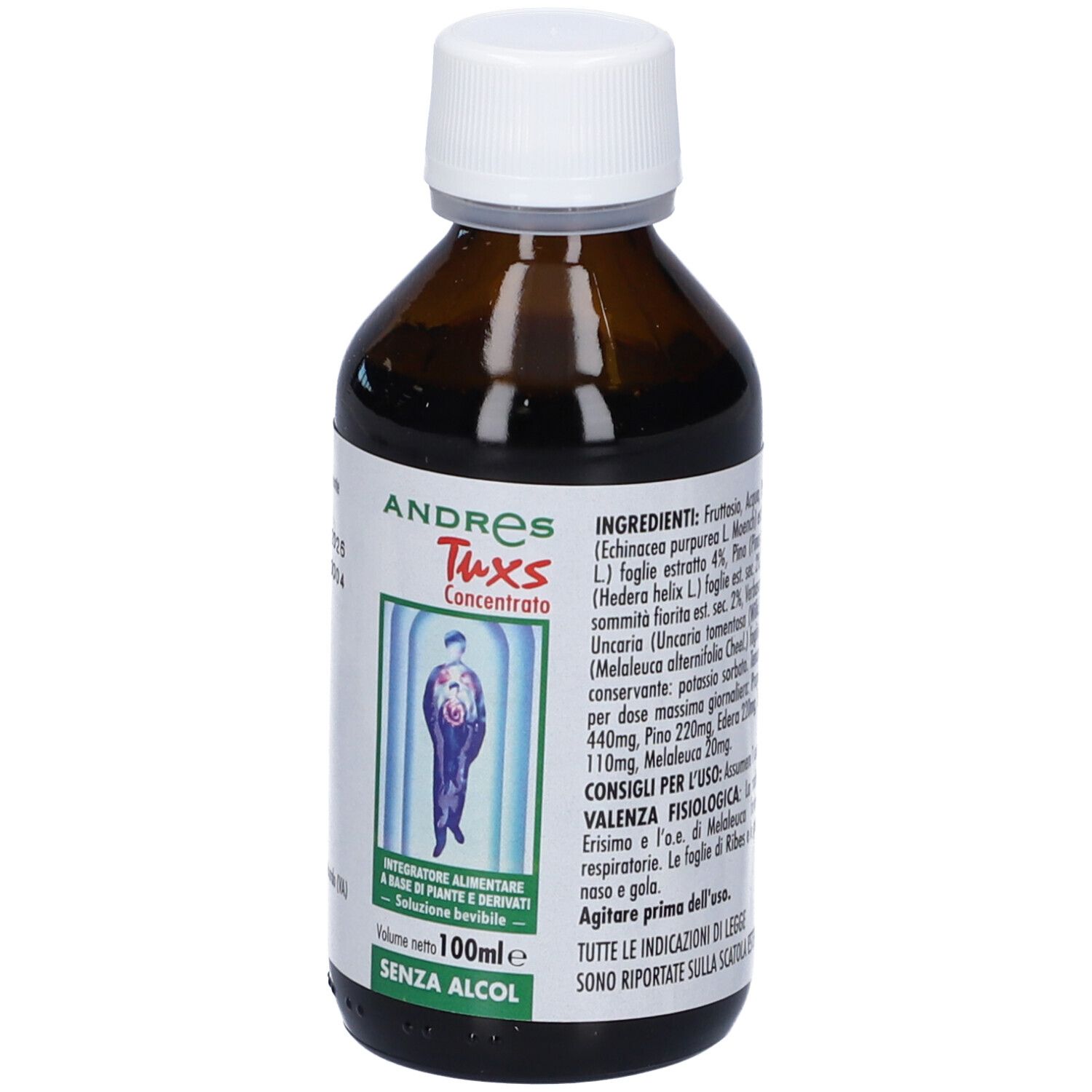 Flacone di vetro marrone con tappo bianco. Etichetta con nome del prodotto Andres Tuxs Concentrato, ingredienti e logo. Volume 100ml.