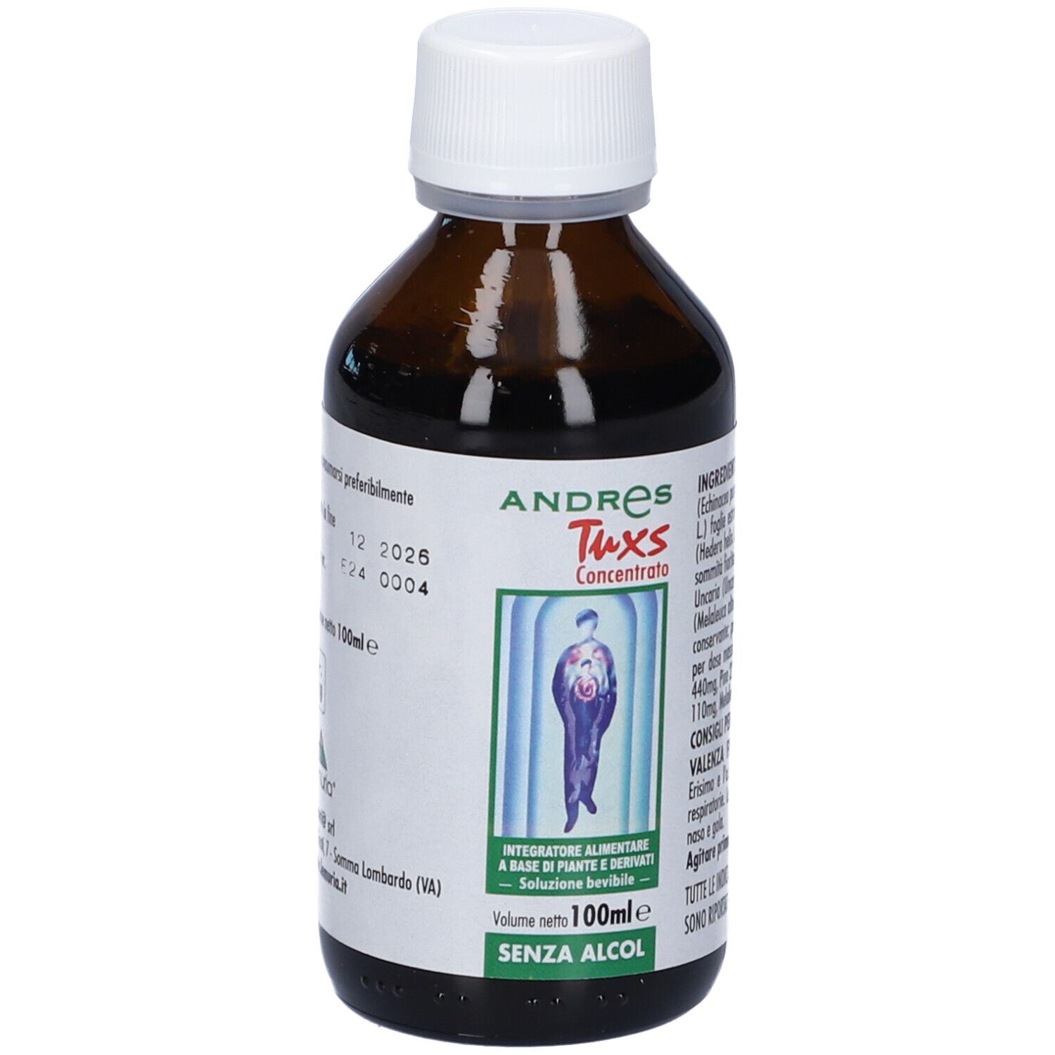 Flacone di vetro marrone con tappo bianco. Etichetta con data di scadenza, numero di lotto e logo. Volume 100ml. Senza alcool.