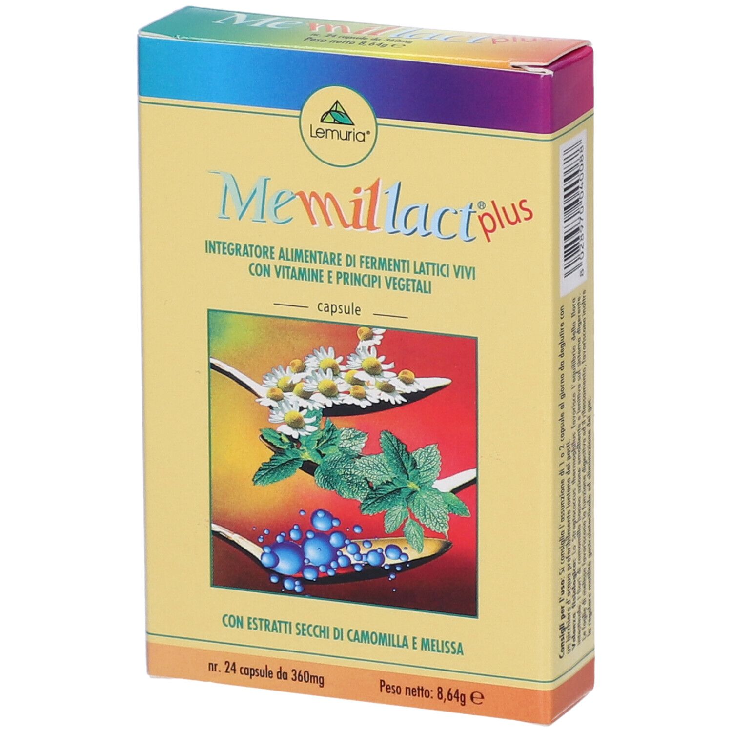 Scatola gialla con nome del prodotto e illustrazioni floreali. Testo in italiano. Contiene 24 capsule.