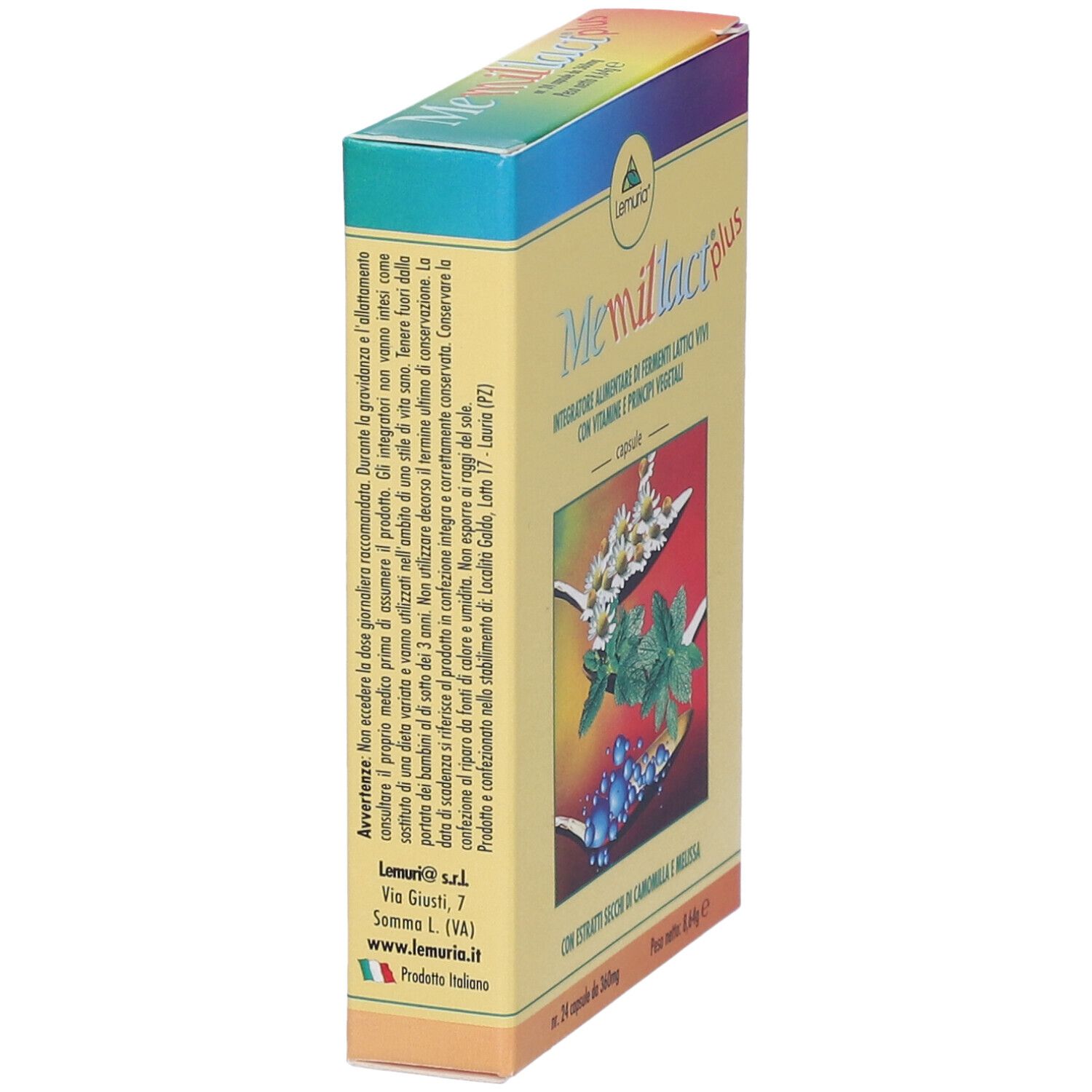 Scatola gialla con nome del prodotto e illustrazioni floreali. Testo in italiano. Contiene 24 capsule.