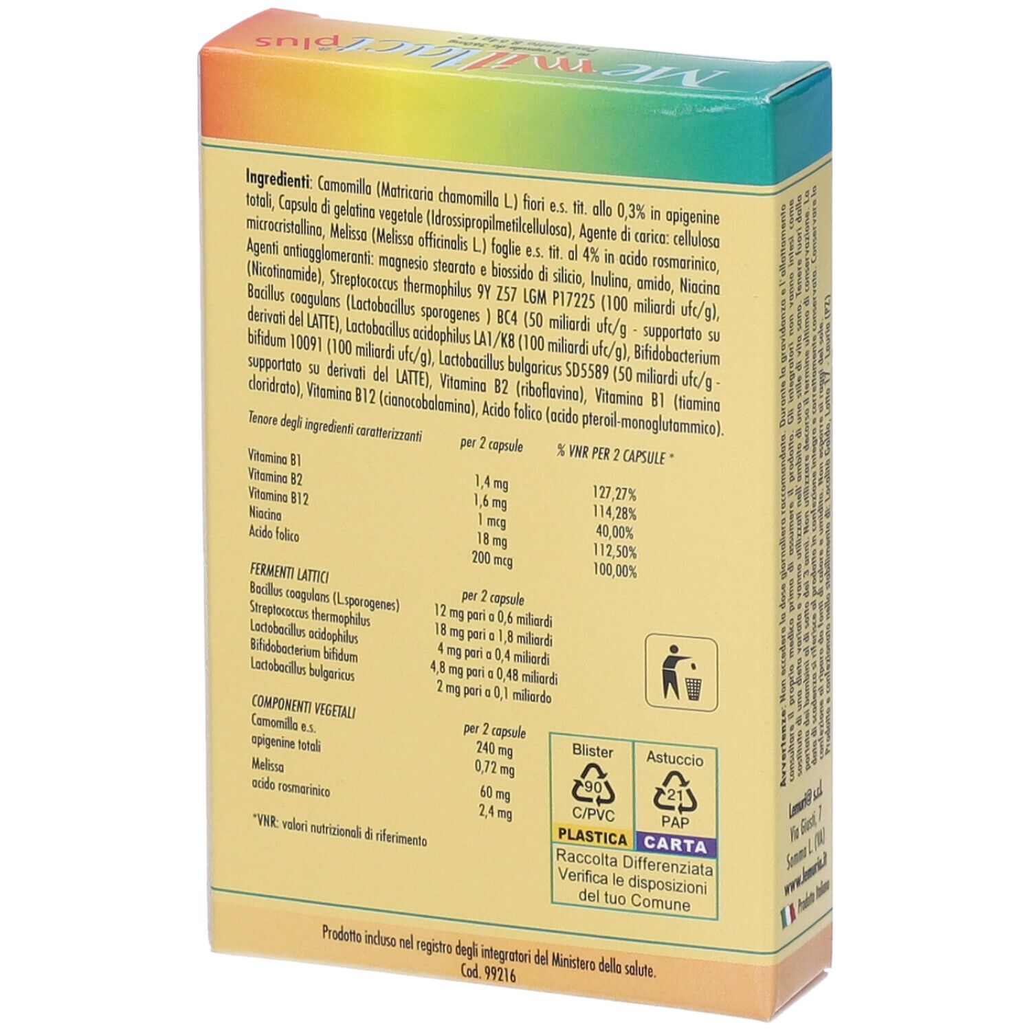 Retro della scatola gialla con ingredienti e informazioni nutrizionali. Testo in italiano.