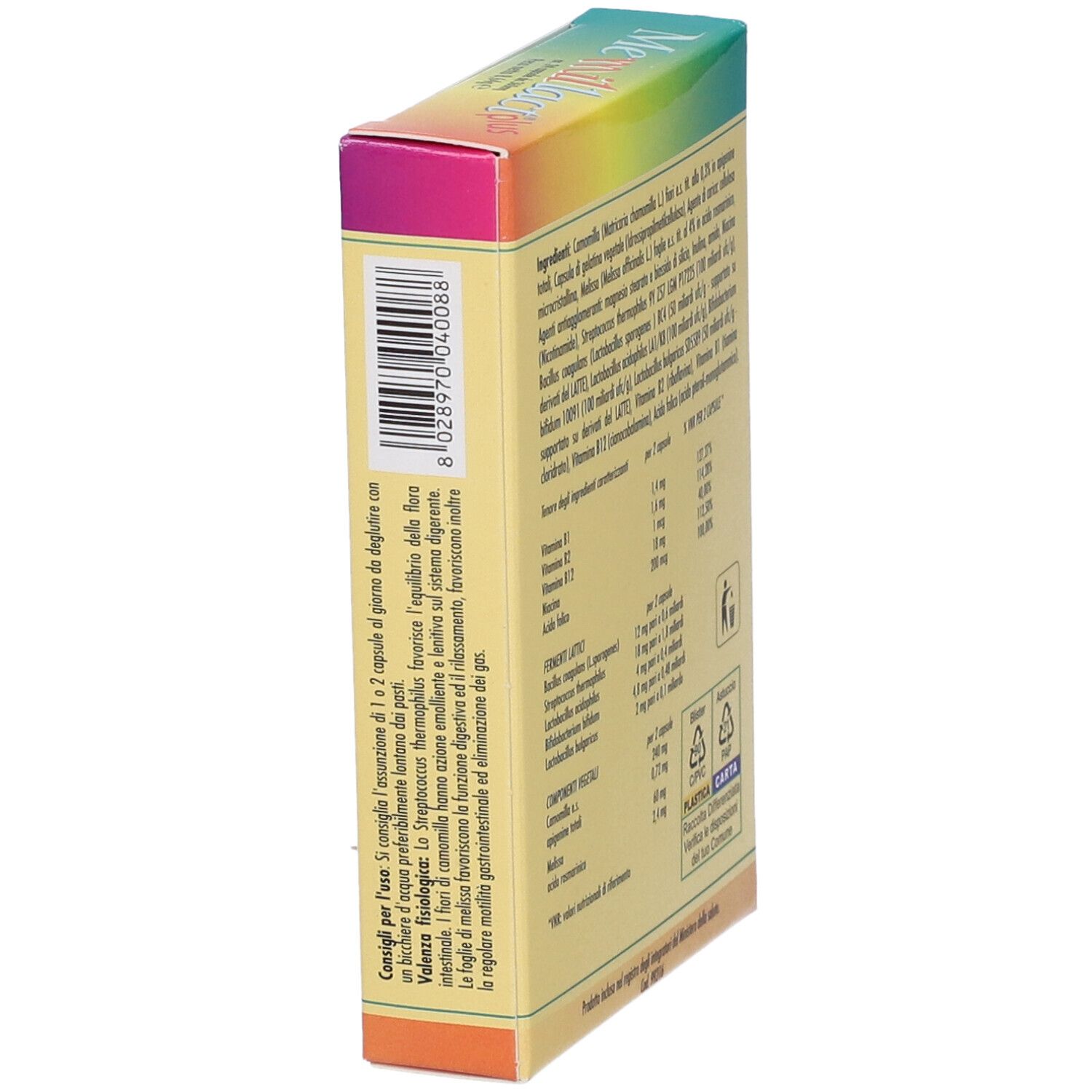 Vista laterale della scatola gialla con nome del prodotto e testo. Testo in italiano.