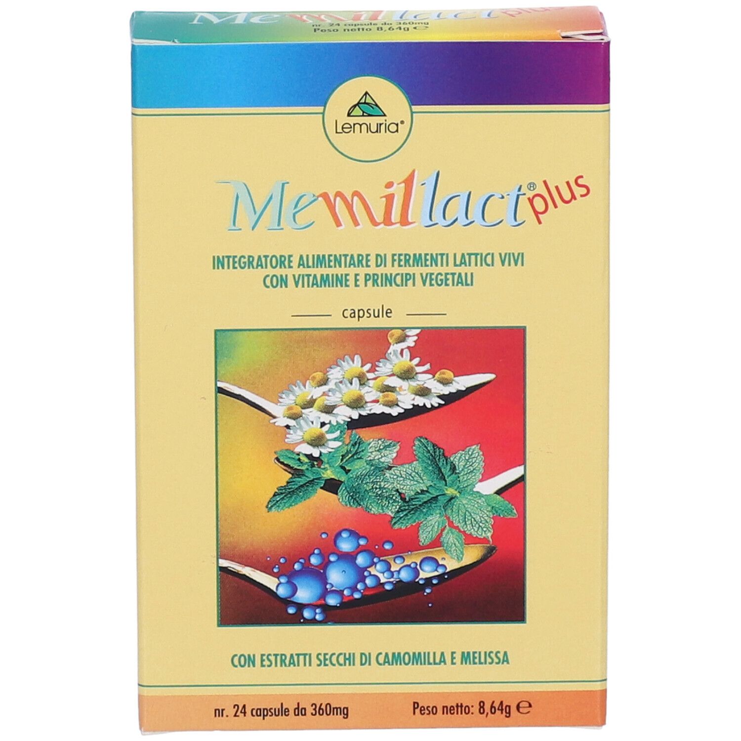 Scatola gialla con nome del prodotto e illustrazioni floreali. Testo in italiano. Contiene 24 capsule.