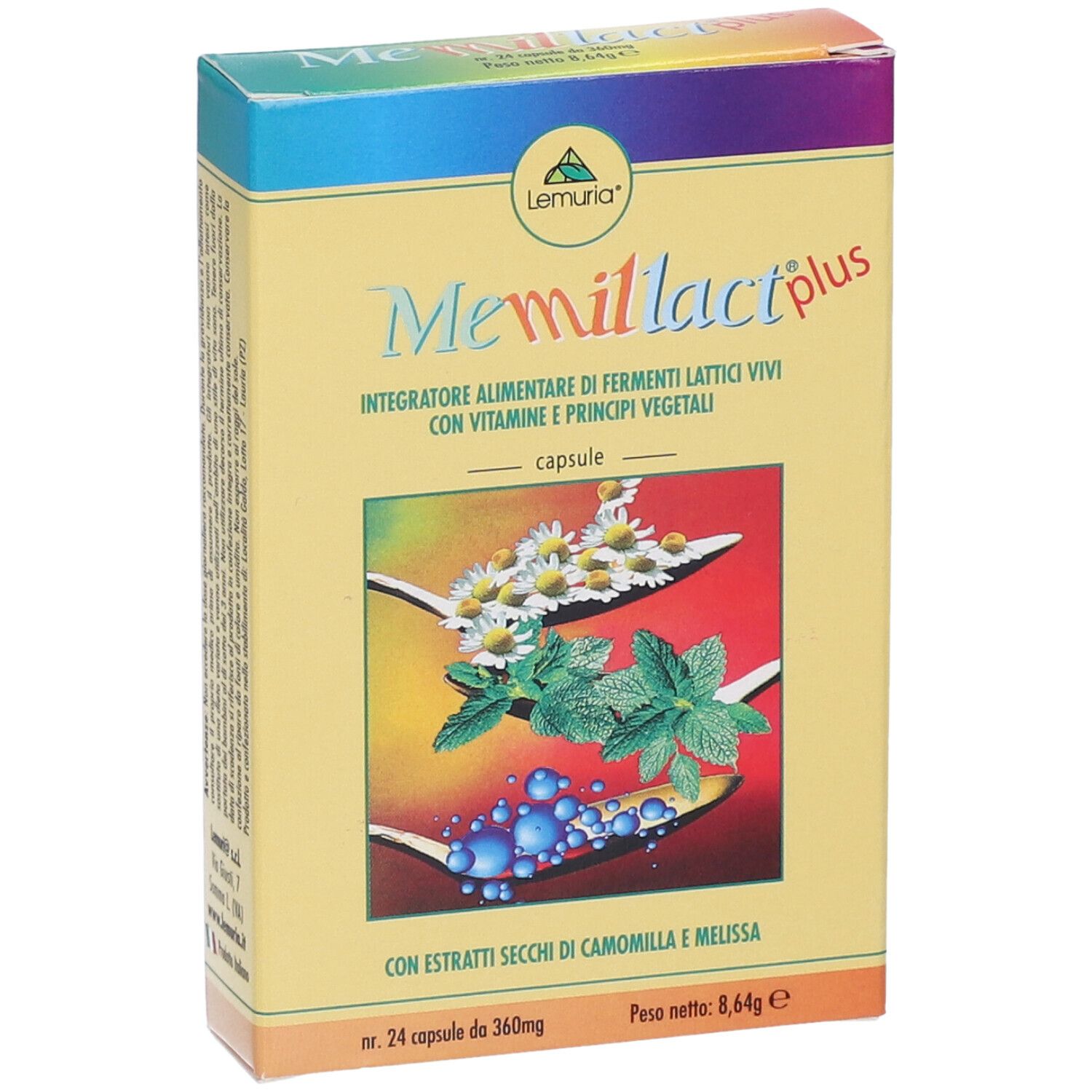 Scatola gialla con nome del prodotto e illustrazioni floreali. Testo in italiano. Contiene 24 capsule.
