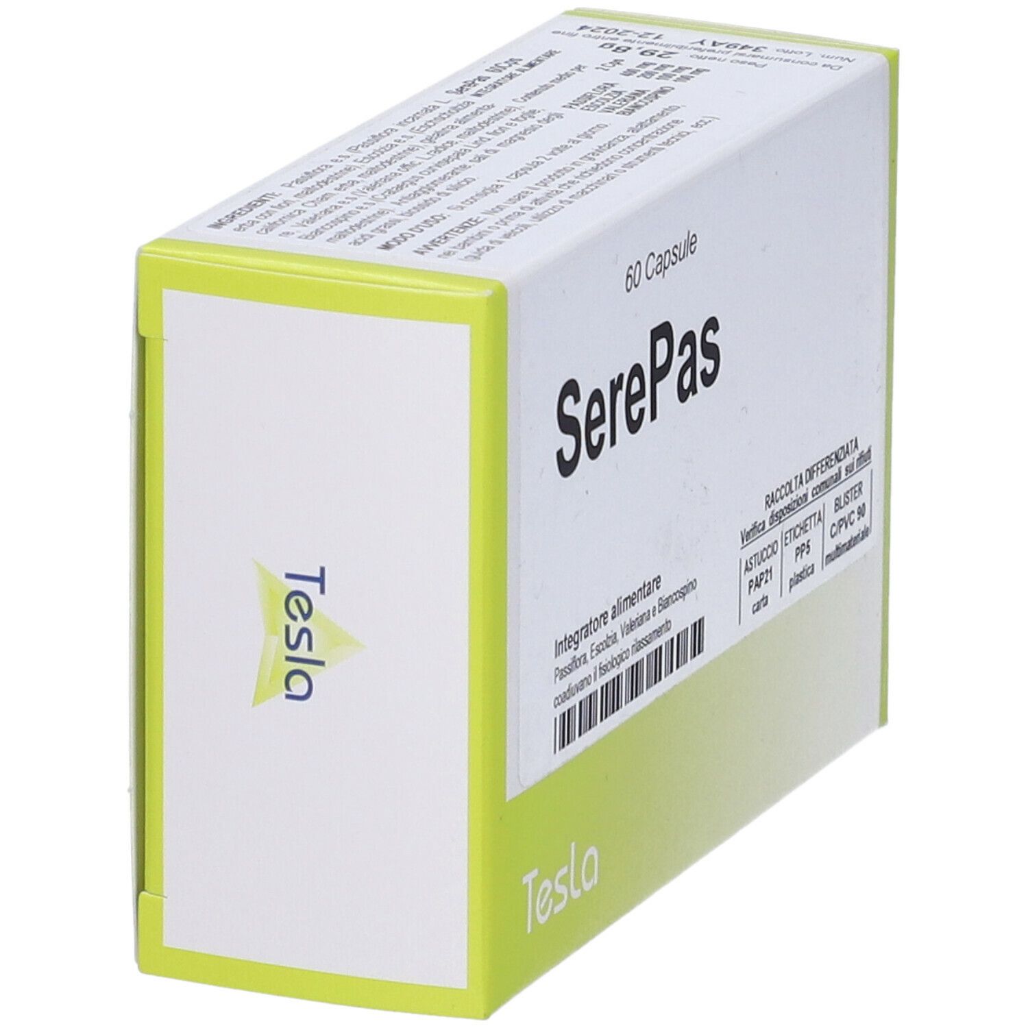 Scatola di capsule SerePas. Marchio Tesla. Confezione verde e bianca. Vista laterale con nome del prodotto e logo.