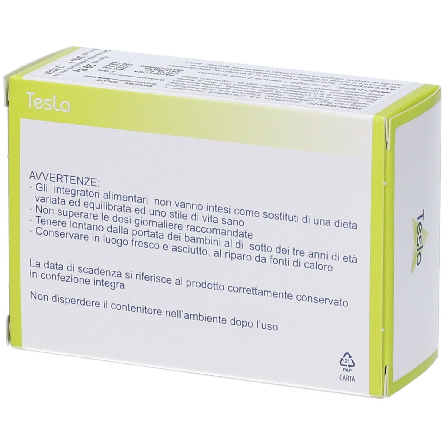 Retro della scatola di capsule SerePas. Contiene avvertenze e informazioni. Marchio Tesla. Confezione verde e bianca.