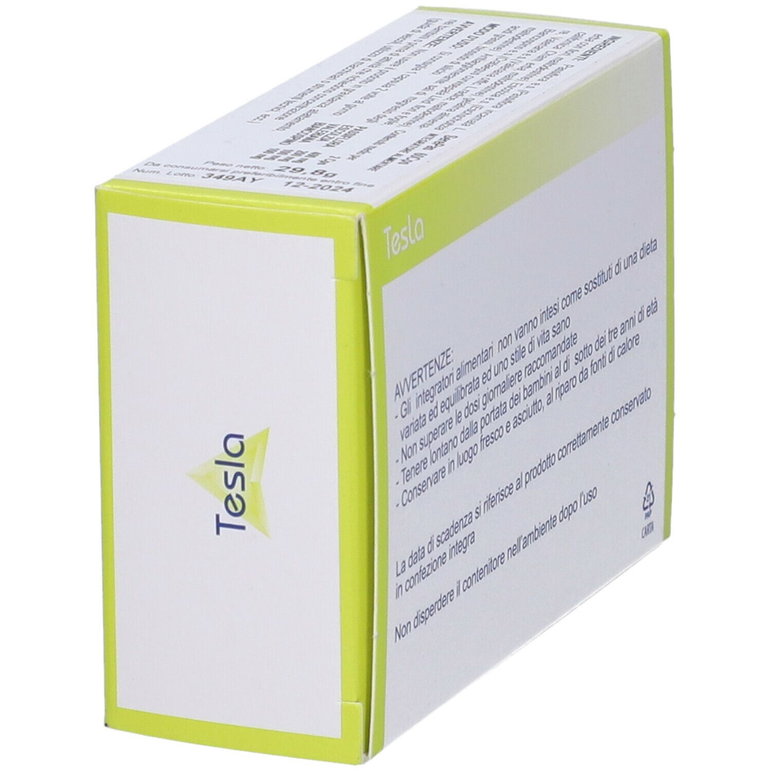 Scatola di capsule SerePas. Marchio Tesla. Confezione verde e bianca. Vista laterale con avvertenze e logo.