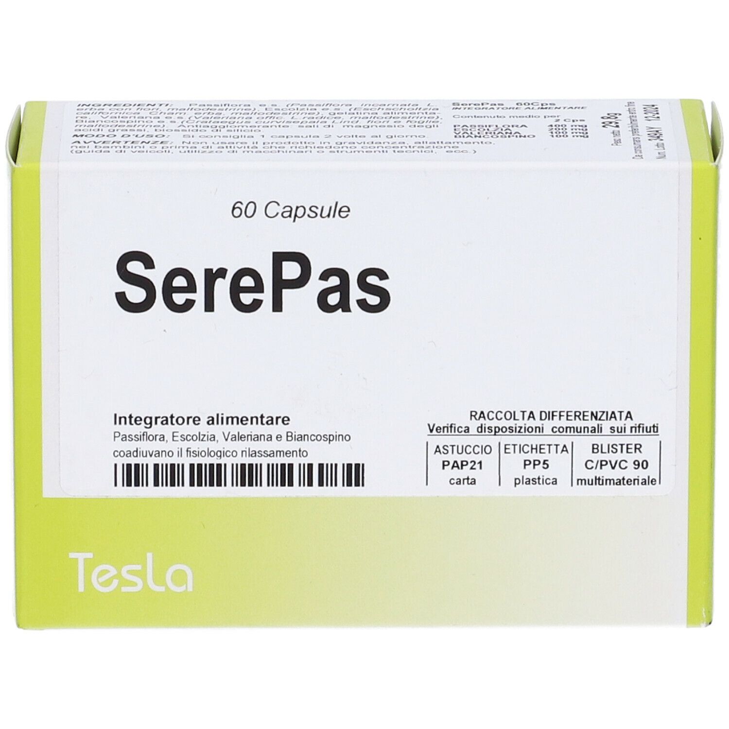 Scatola di capsule SerePas. Contiene 60 capsule. Marchio Tesla. Confezione verde e bianca con informazioni.