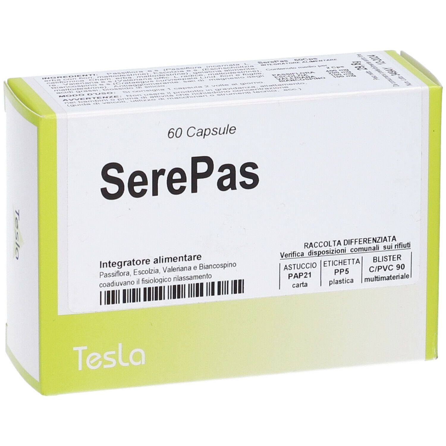 Scatola di capsule SerePas. Contiene 60 capsule. Marchio Tesla. Confezione verde e bianca con informazioni.