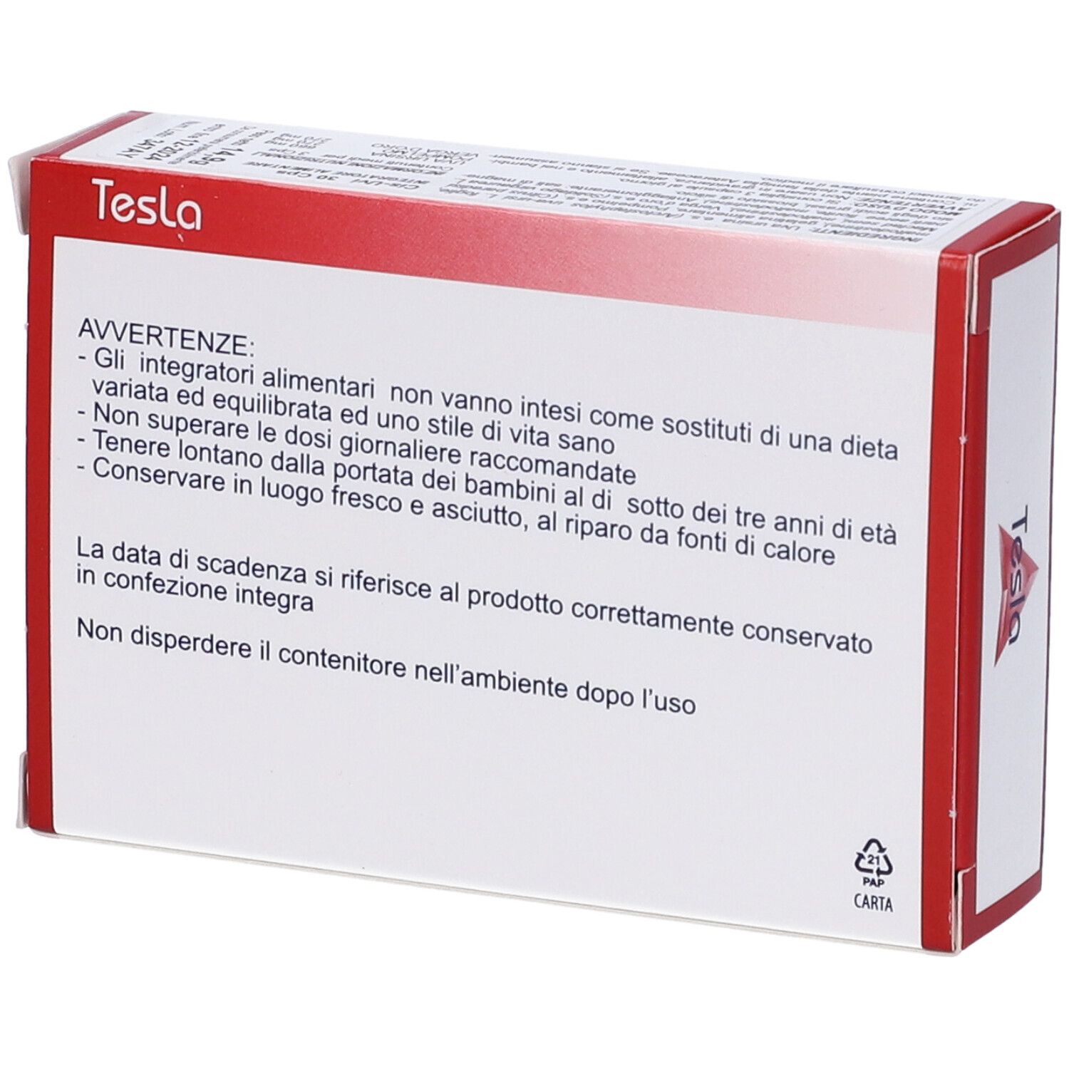 Retro di una scatola bianca con bordo rosso. Testo in italiano. Marchio Tesla. Istruzioni per il riciclo.