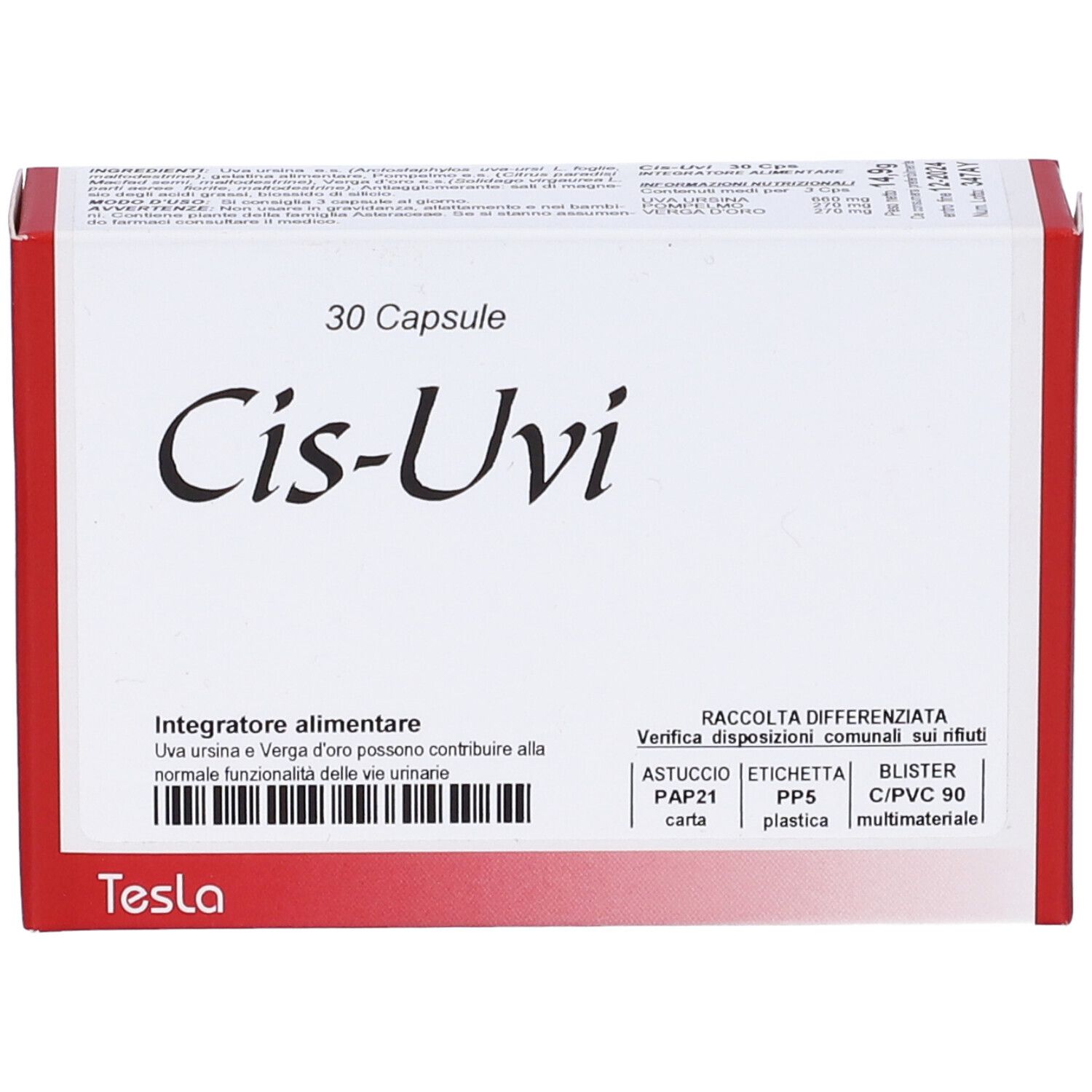 Scatola bianca con bordo rosso. Scritta "Cis-Uvi" e "30 Capsule". Marchio Tesla. Testo in italiano.