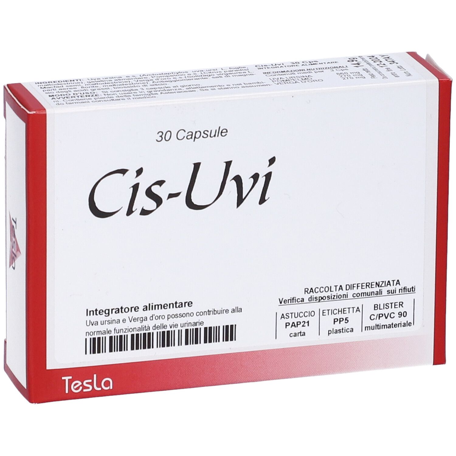 Scatola bianca con bordo rosso. Scritta "Cis-Uvi" e "30 Capsule". Marchio Tesla. Testo in italiano.