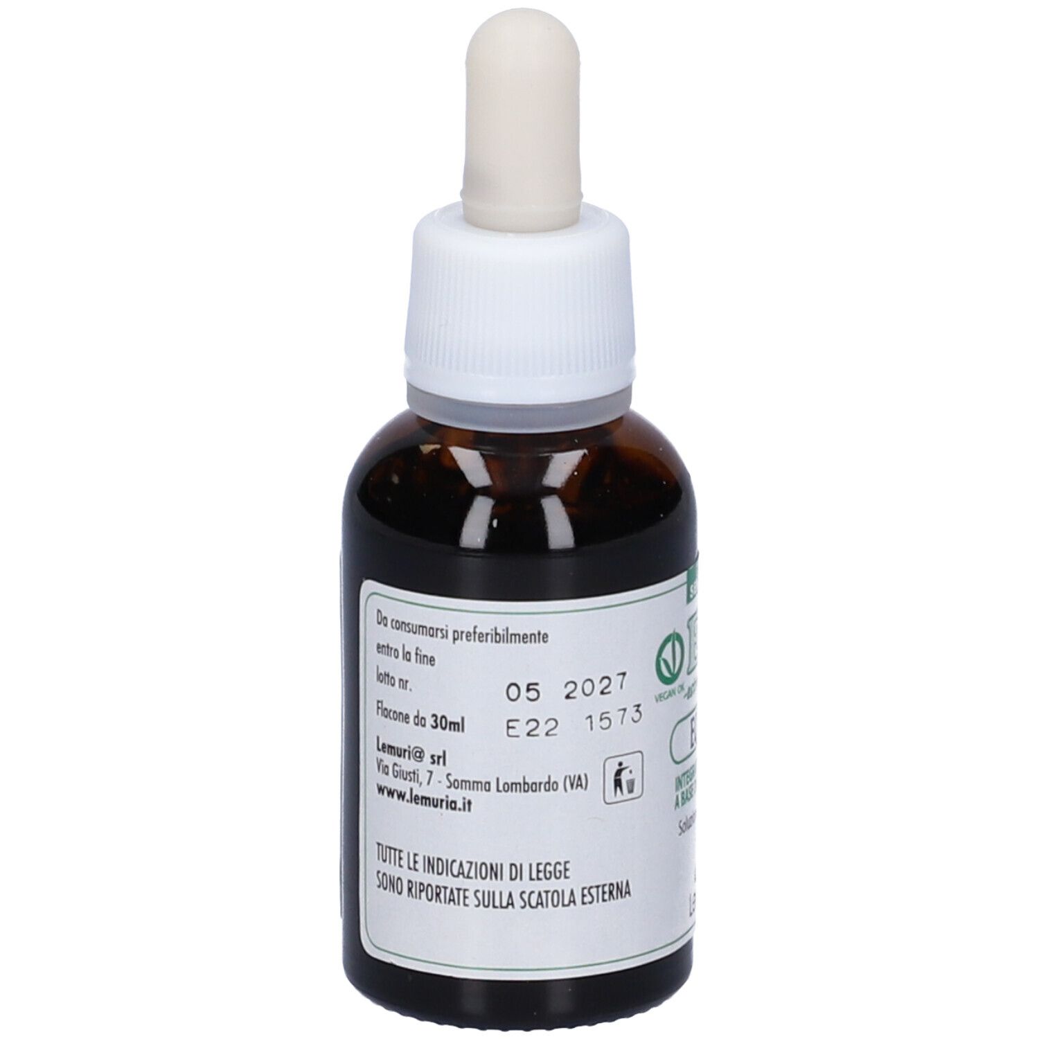 Flacone di vetro marrone con contagocce. Scritta: E.T. - estratto totale, Equiseto. Marchio: Lemuria. Senza alcool. Data di scadenza.