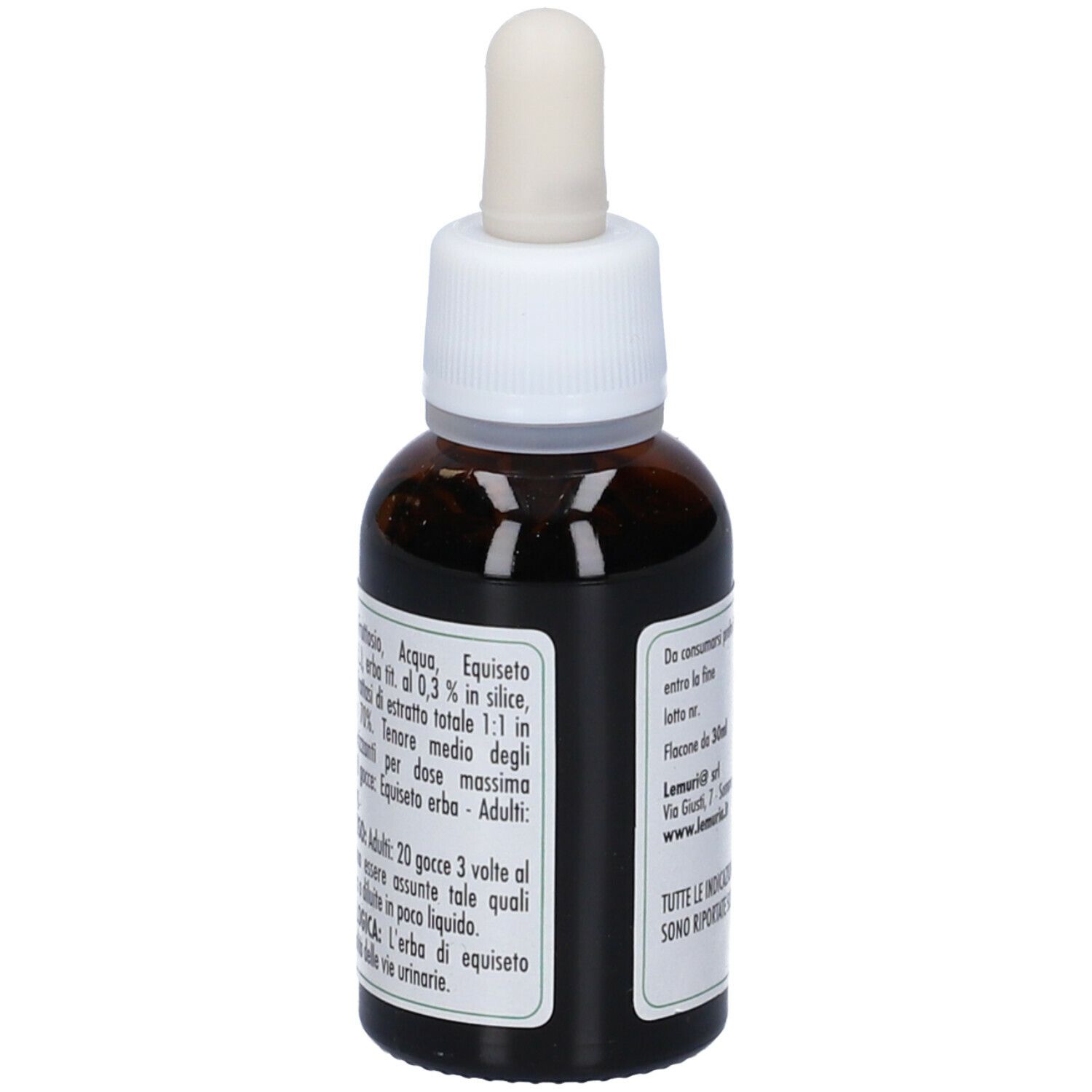 Flacone di vetro marrone con contagocce. Scritta: E.T. - estratto totale, Equiseto. Marchio: Lemuria. Senza alcool. Ingredienti.
