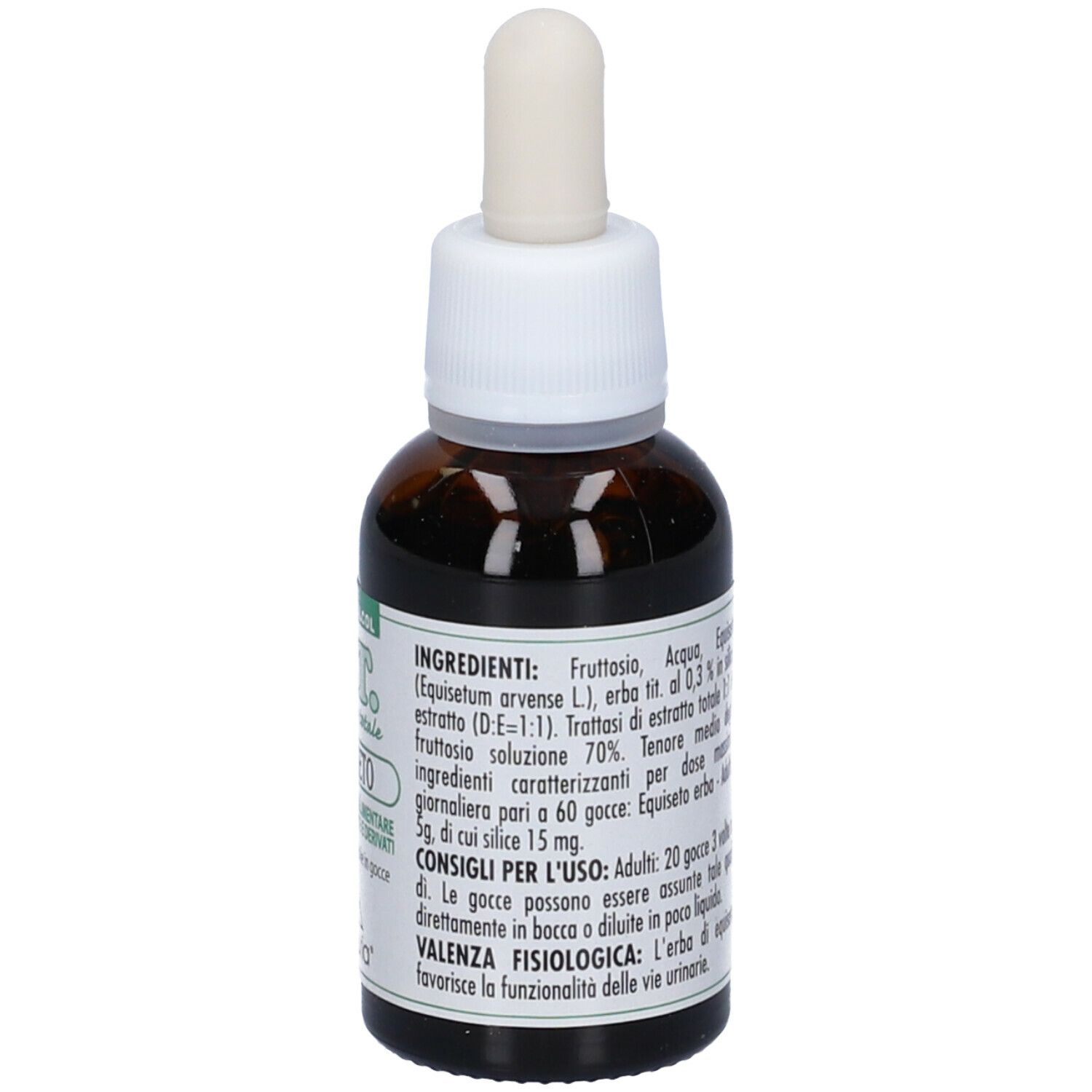 Flacone di vetro marrone con contagocce. Scritta: E.T. - estratto totale, Equiseto. Marchio: Lemuria. Senza alcool. Istruzioni per l'uso.