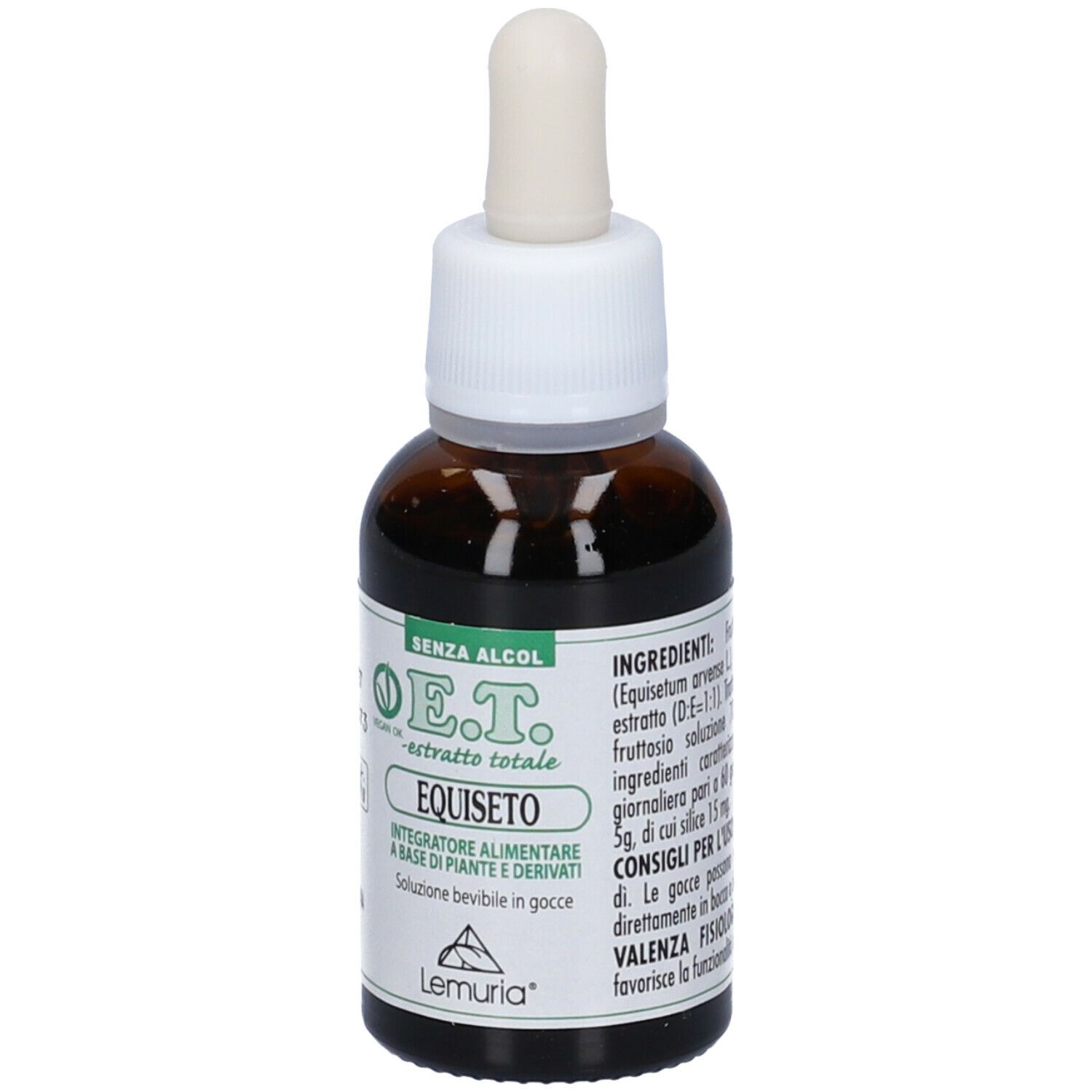 Flacone di vetro marrone con contagocce. Scritta: E.T. - estratto totale, Equiseto. Marchio: Lemuria. Senza alcool. Ingredienti.