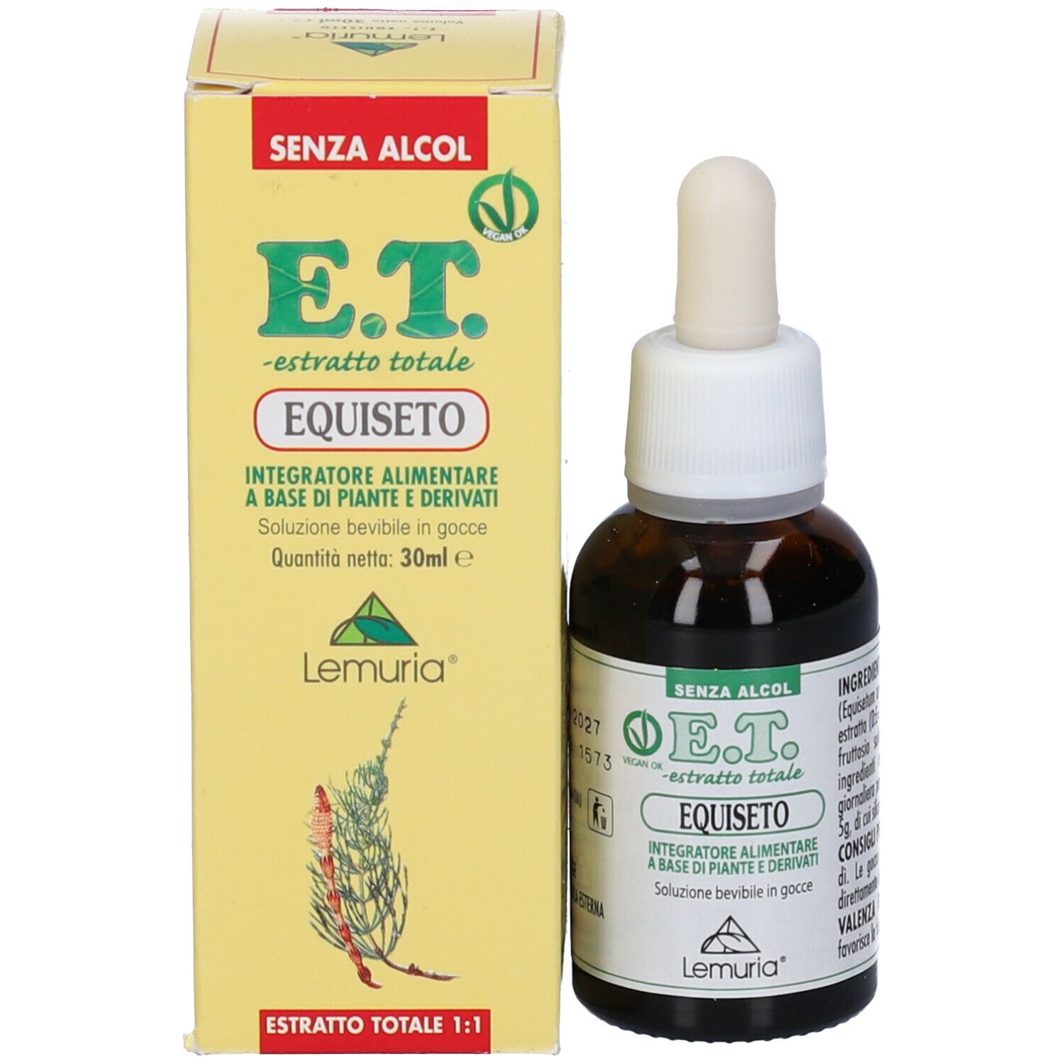 Flacone di vetro marrone con contagocce e scatola gialla. Scritta: E.T. - estratto totale, Equiseto. Marchio: Lemuria. Senza alcool.