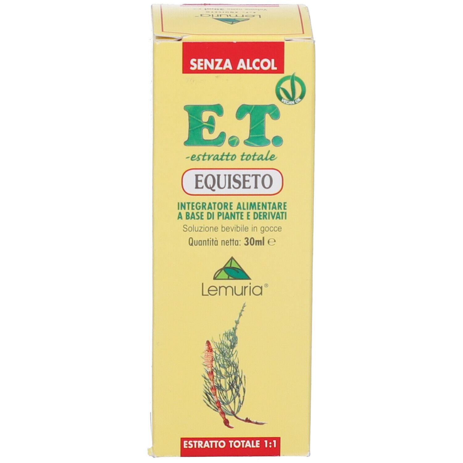 Scatola gialla con stampa del prodotto. Scritta: E.T. - estratto totale, Equiseto. Marchio: Lemuria. Senza alcool.