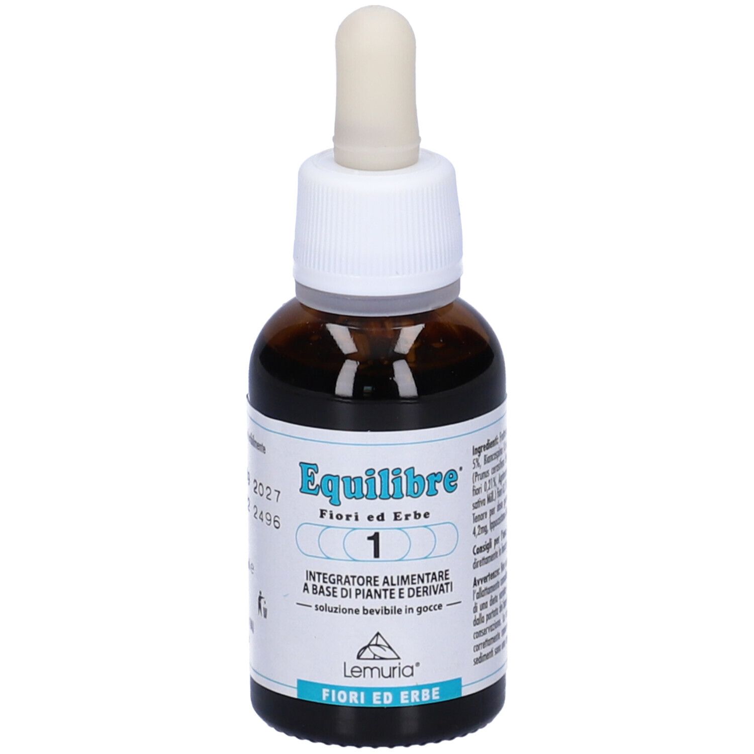 Flacone di vetro marrone con tappo bianco e contagocce. Etichetta con nome del prodotto e '1'.