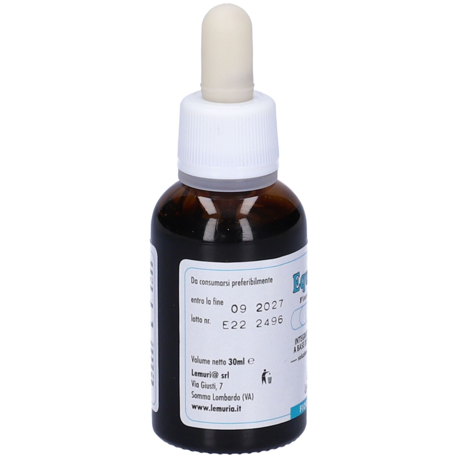 Flacone di vetro marrone con tappo bianco e contagocce. Etichetta con nome del prodotto e '1'.