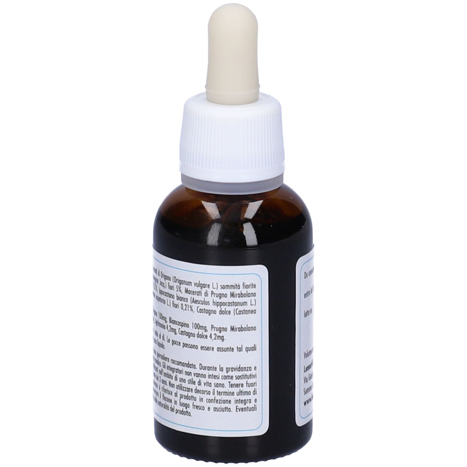 Flacone di vetro marrone con tappo bianco e contagocce. Etichetta con nome del prodotto e '1'.