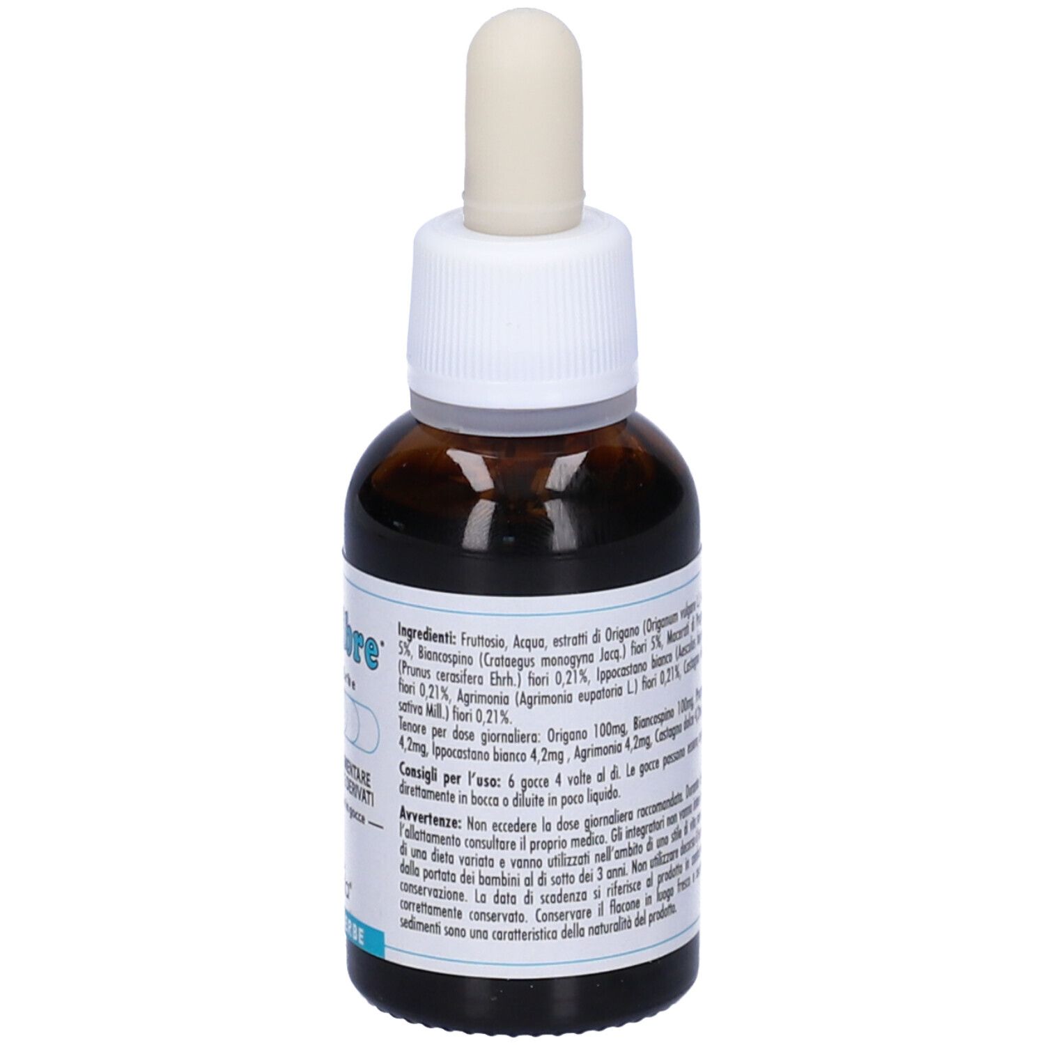 Flacone di vetro marrone con tappo bianco e contagocce. Etichetta con nome del prodotto e '1'.