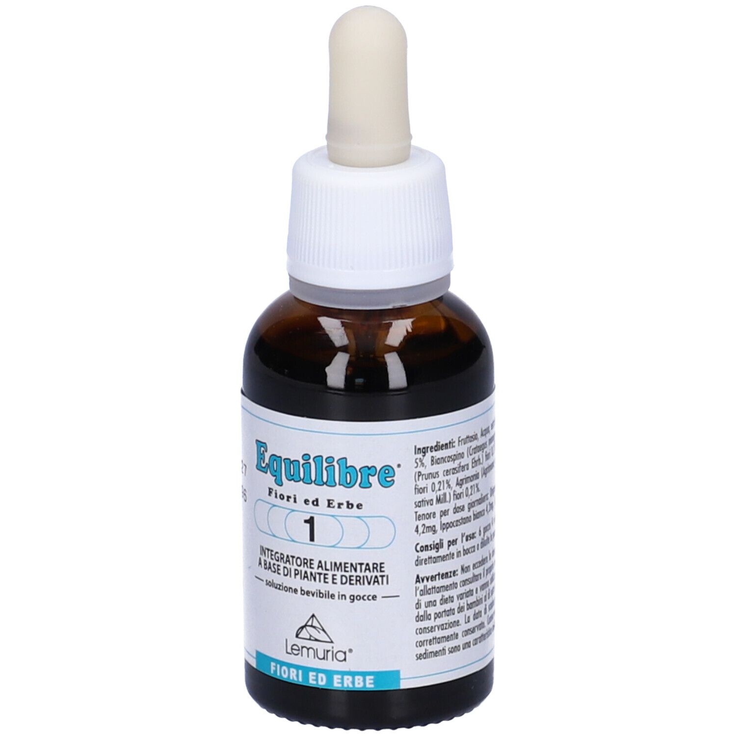 Flacone di vetro marrone con tappo bianco e contagocce. Etichetta con nome del prodotto e '1'.