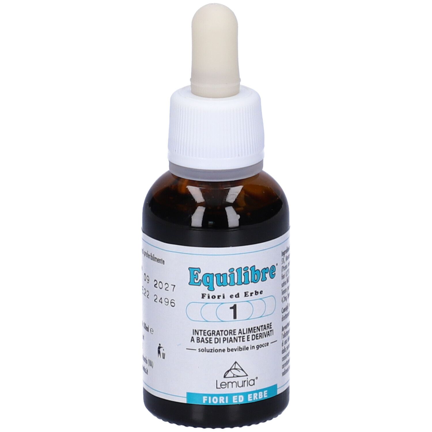 Flacone di vetro marrone con tappo bianco e contagocce. Etichetta con nome del prodotto e '1'.