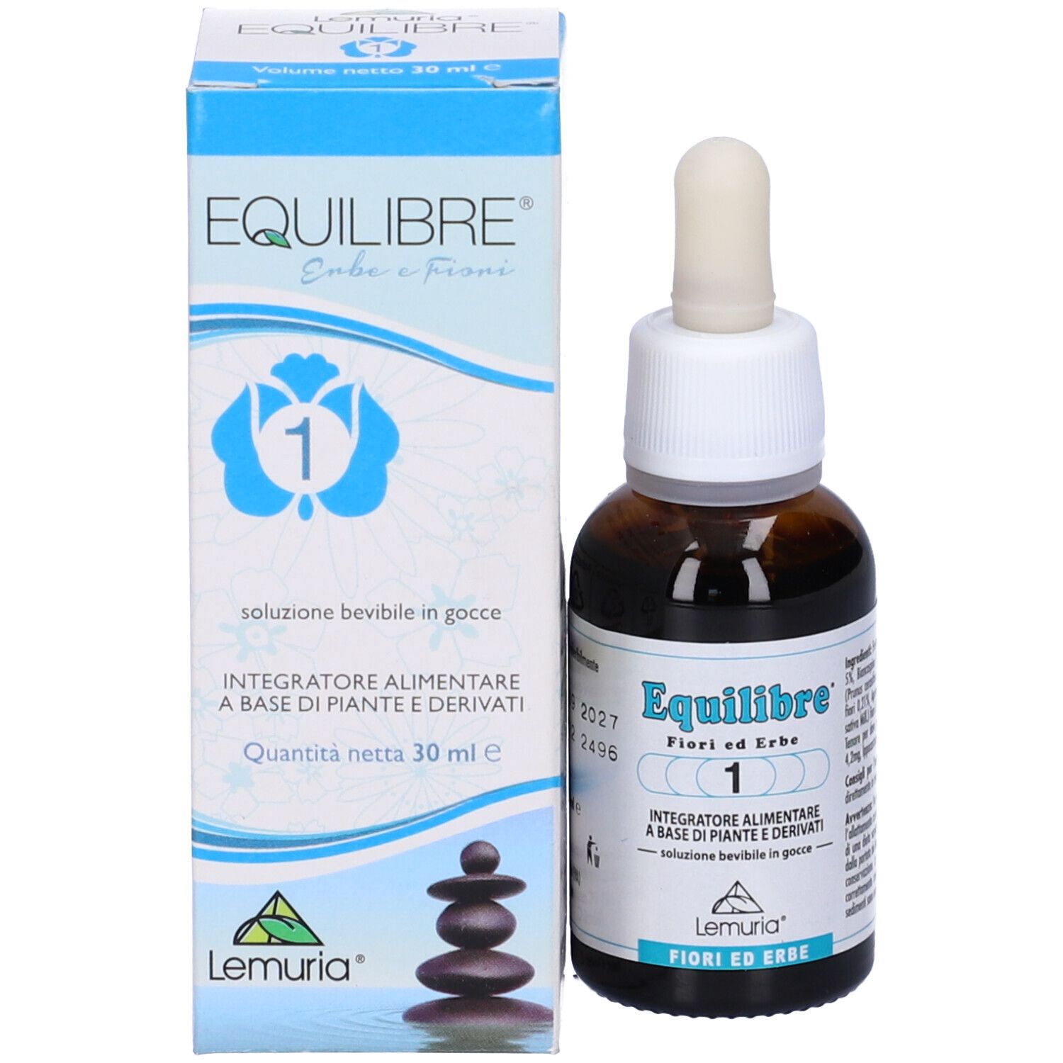 Flacone e confezione del prodotto. Flacone marrone con tappo bianco e contagocce. Confezione blu.