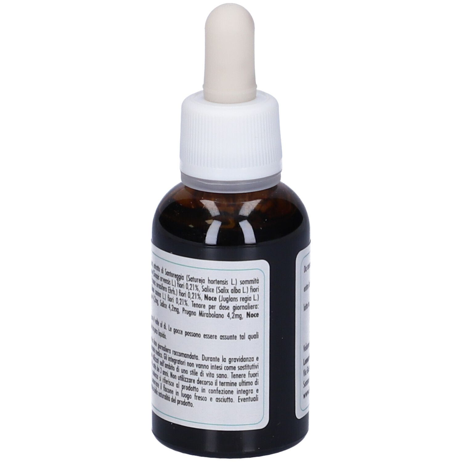 Flacone in vetro marrone con tappo bianco e pipetta. Etichetta con testo, ingredienti, volume 30 ml. Logo Lemuria.
