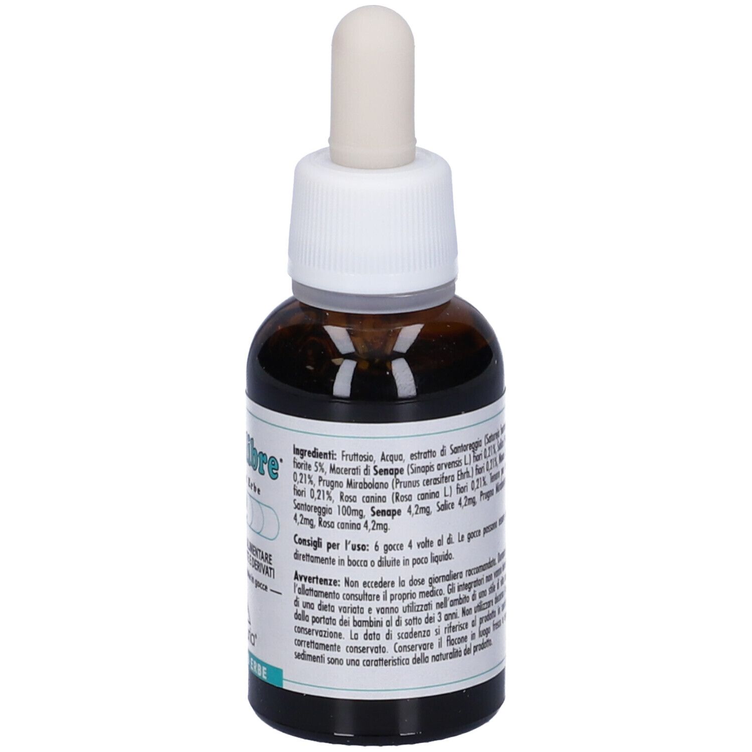 Flacone in vetro marrone con tappo bianco e pipetta. Etichetta con testo, ingredienti, volume 30 ml. Logo Lemuria.