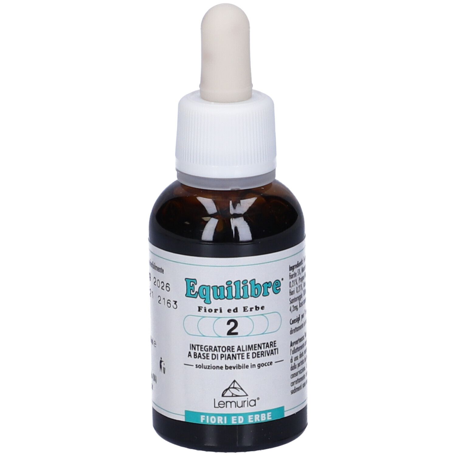 Flacone in vetro marrone con tappo bianco e pipetta. Etichetta con testo, nome del prodotto, volume 30 ml. Logo Lemuria.