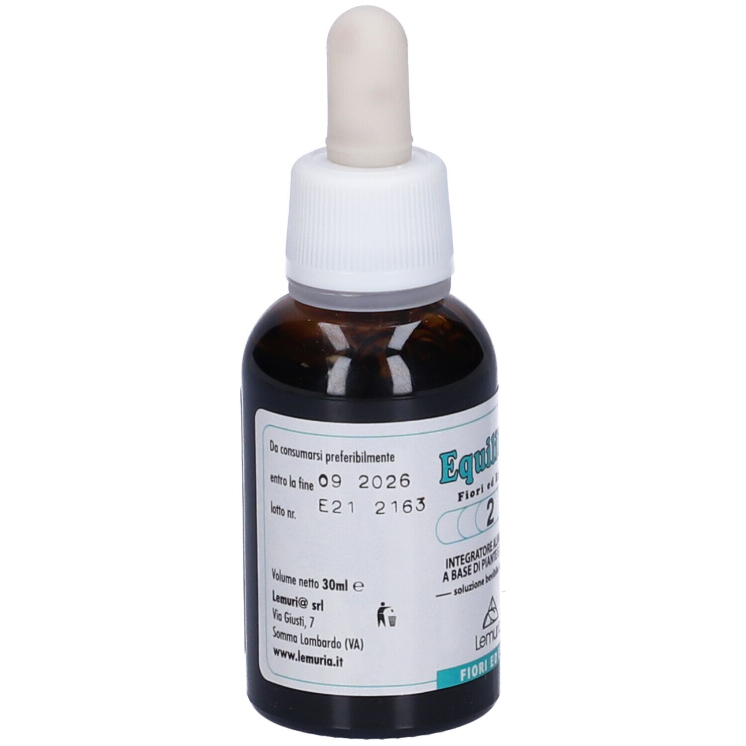 Flacone in vetro marrone con tappo bianco e pipetta. Etichetta con testo, data di scadenza, numero di lotto, volume 30 ml. Logo Lemuria.