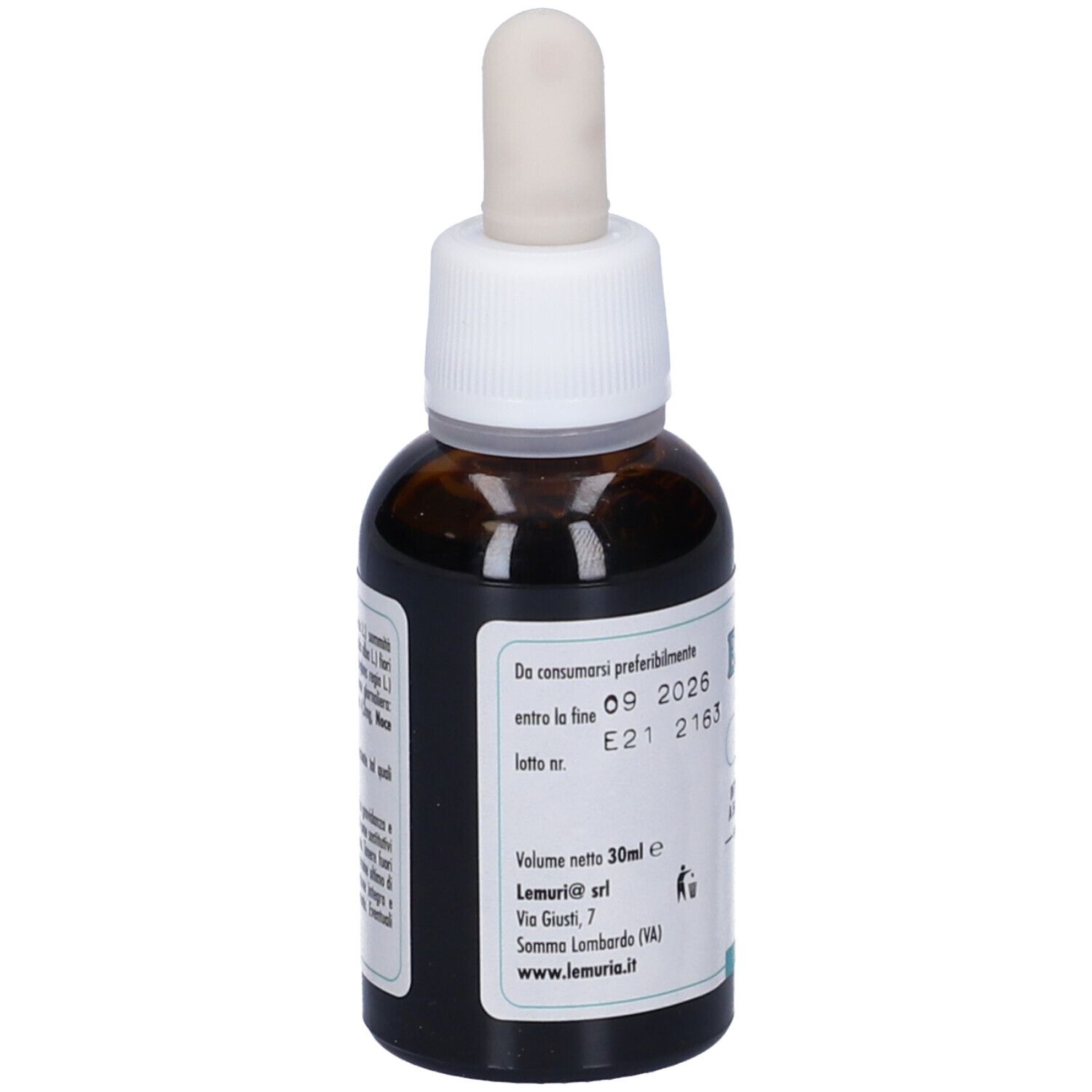 Flacone in vetro marrone con tappo bianco e pipetta. Etichetta con testo, data di scadenza, numero di lotto, volume 30 ml. Logo Lemuria.
