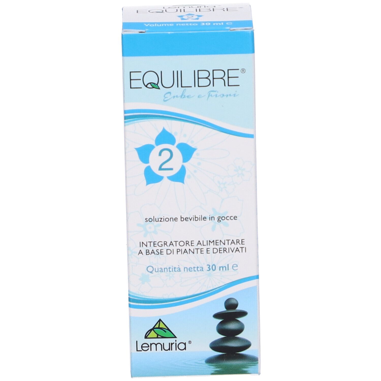 Scatola con stampa del prodotto: EQUILIBRE 2, erbe e fiori. Fiore blu, testo, logo Lemuria. Informazioni sul prodotto.