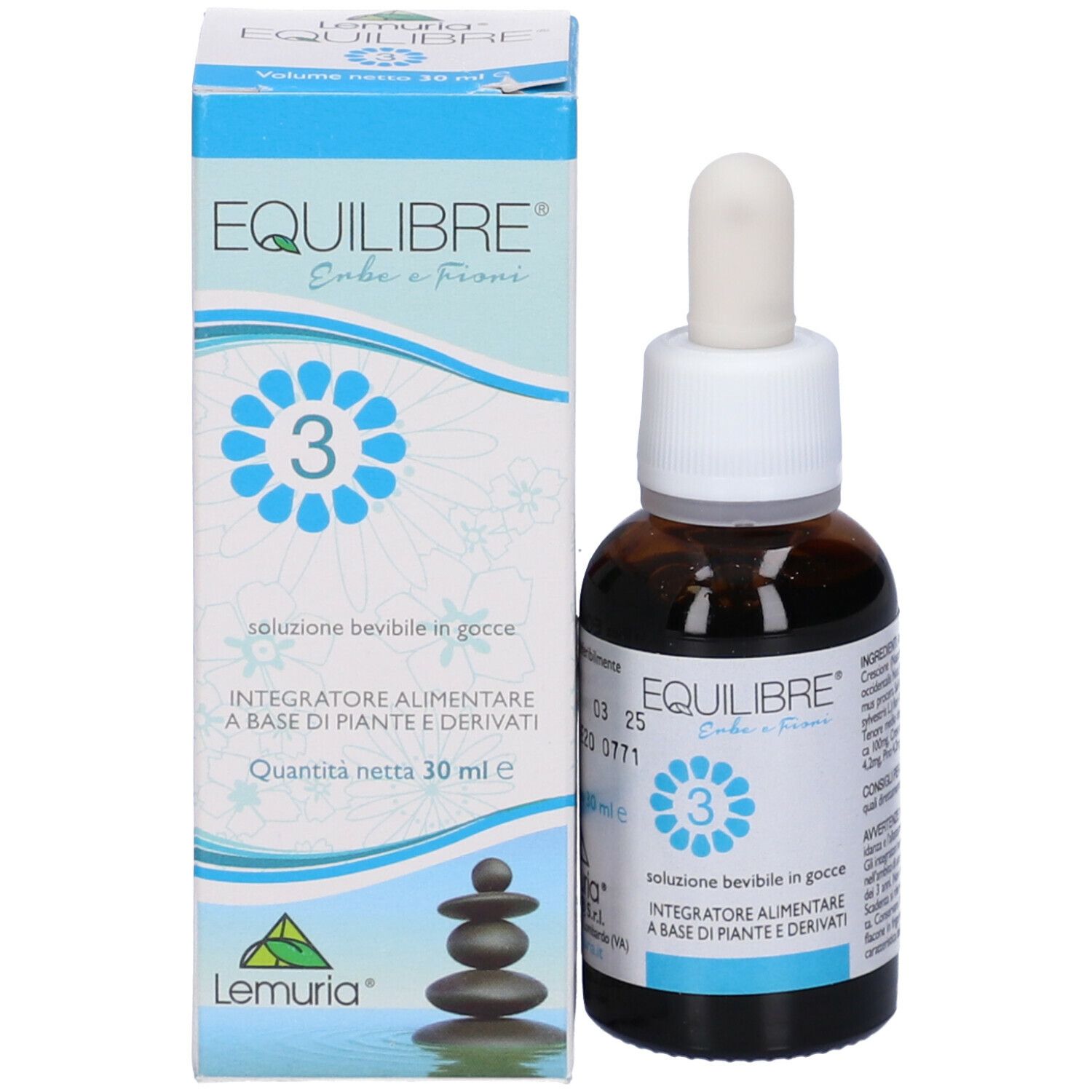 Prodotto e confezione di Equilibre 3 Gocce. Flacone marrone con contagocce bianco accanto alla scatola bianca e blu.