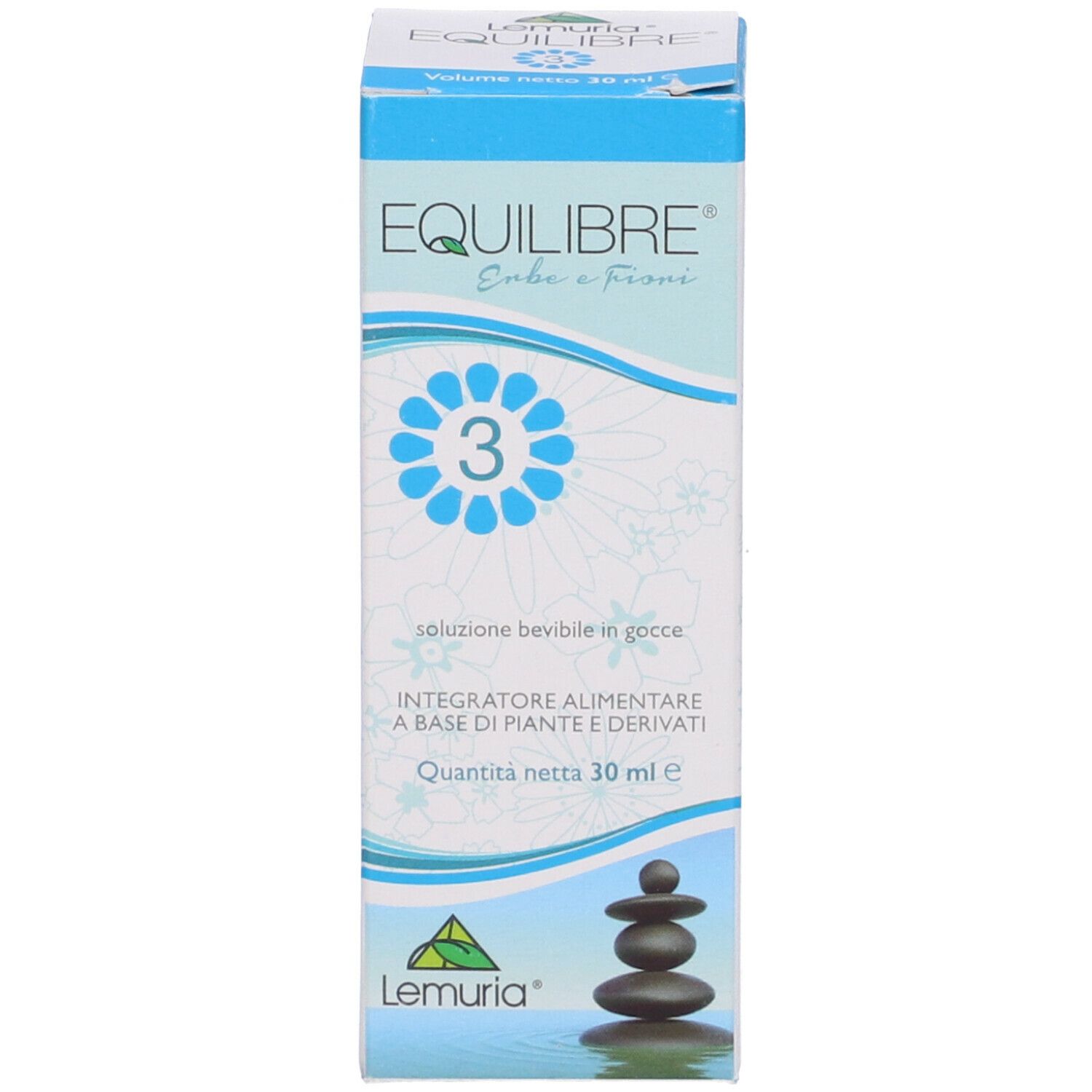 Confezione di Equilibre 3 Gocce. Scatola bianca e blu con nome e logo del prodotto. Contiene 30 ml.