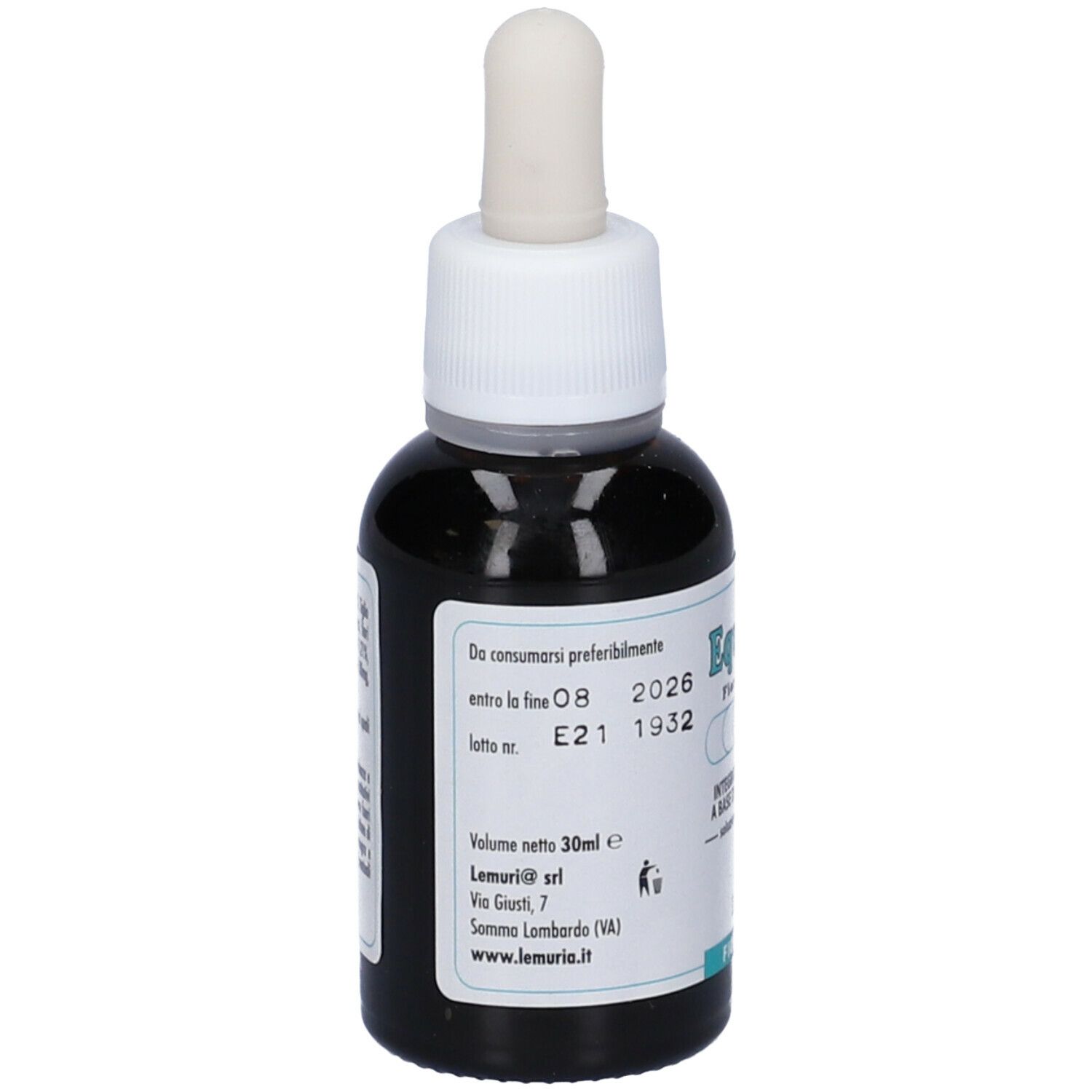 Flacone di vetro marrone con tappo bianco e contagocce. Etichetta con informazioni e scadenza.