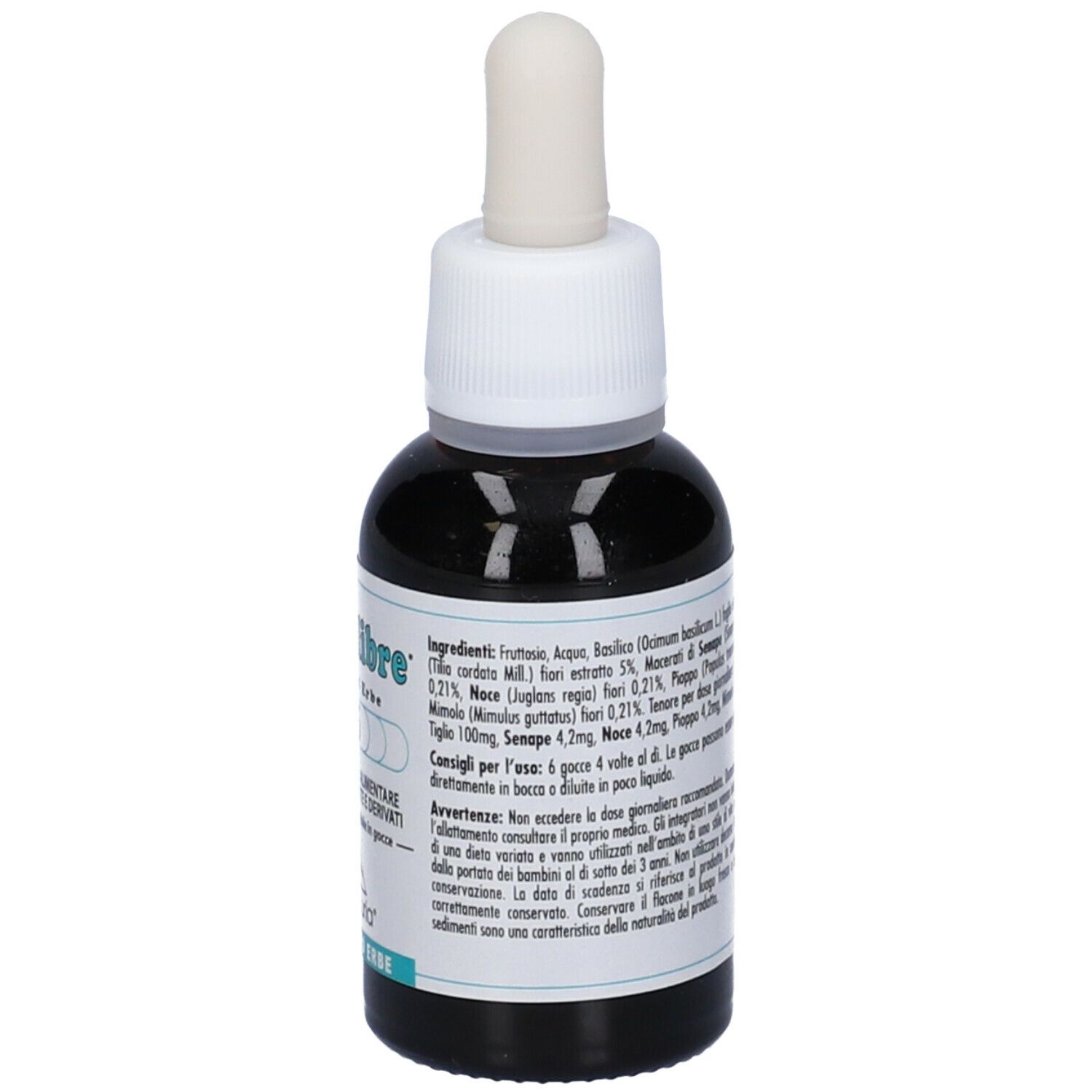 Flacone di vetro marrone con tappo bianco e contagocce. Etichetta con ingredienti e consigli d'uso.