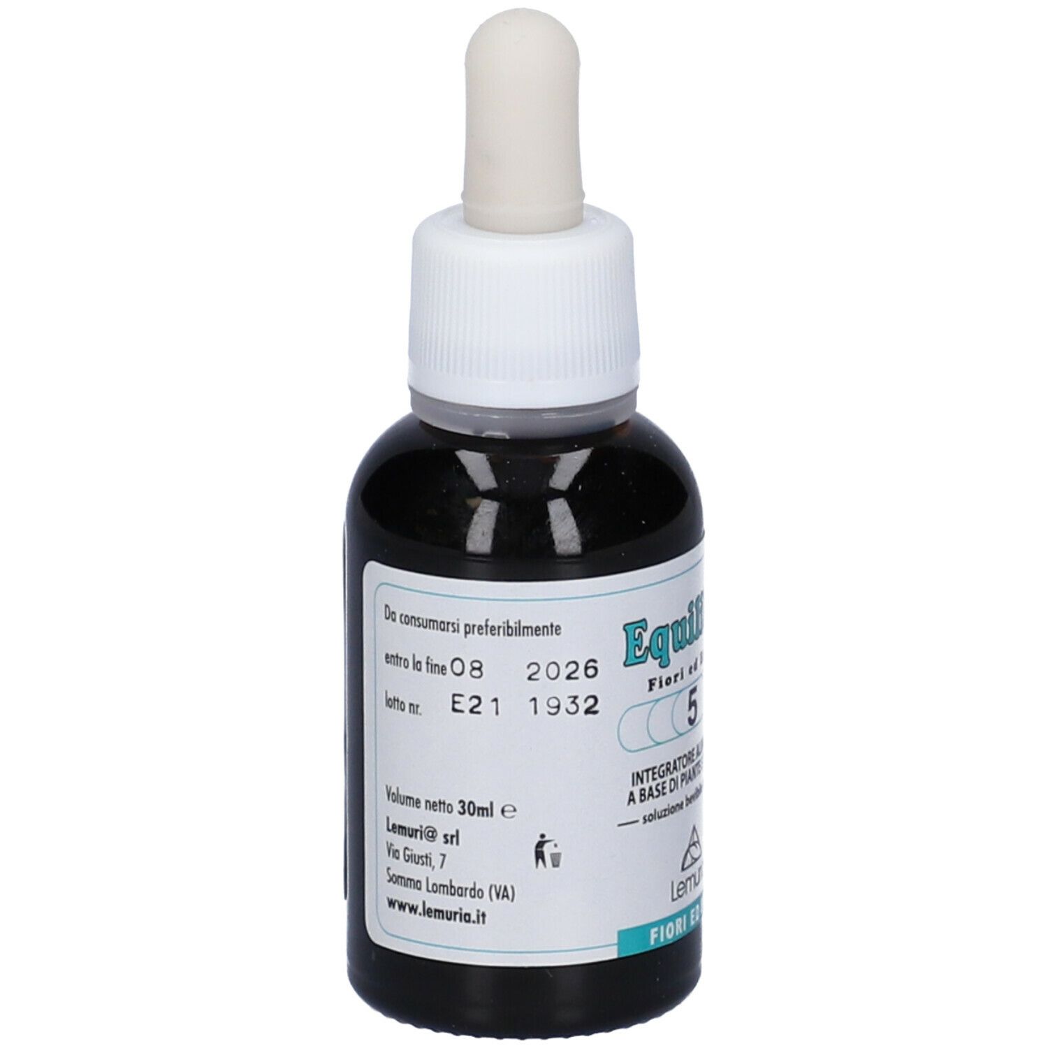 Flacone di vetro marrone con tappo bianco e contagocce. Etichetta con informazioni e scadenza.