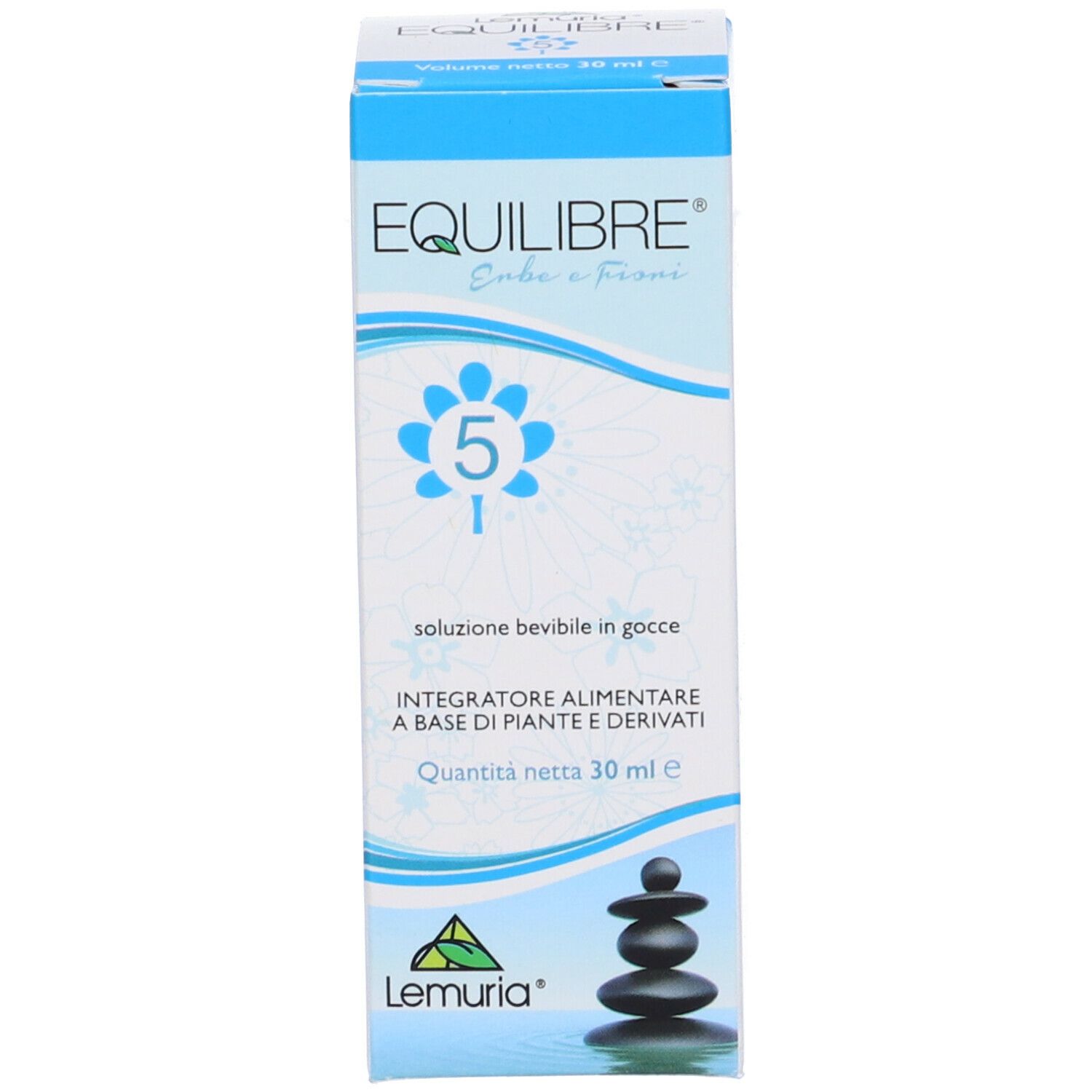 Confezione di Equilibre 5 Gocce. Scatola blu e bianca con nome del prodotto, logo e informazioni.