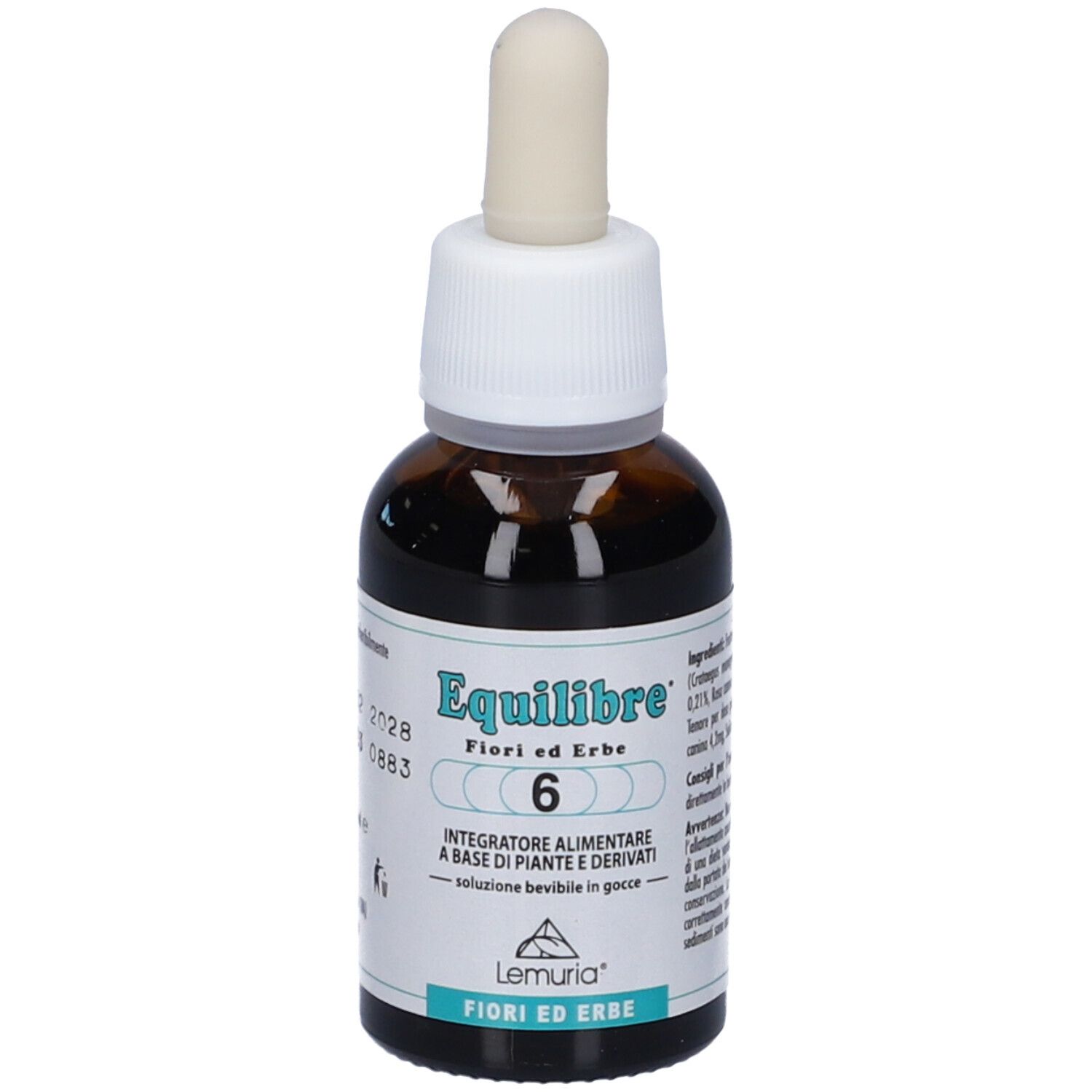 Flacone di vetro marrone con contagocce. Scritta: Equilibre 6, soluzione bevibile. Marchio: Lemuria.